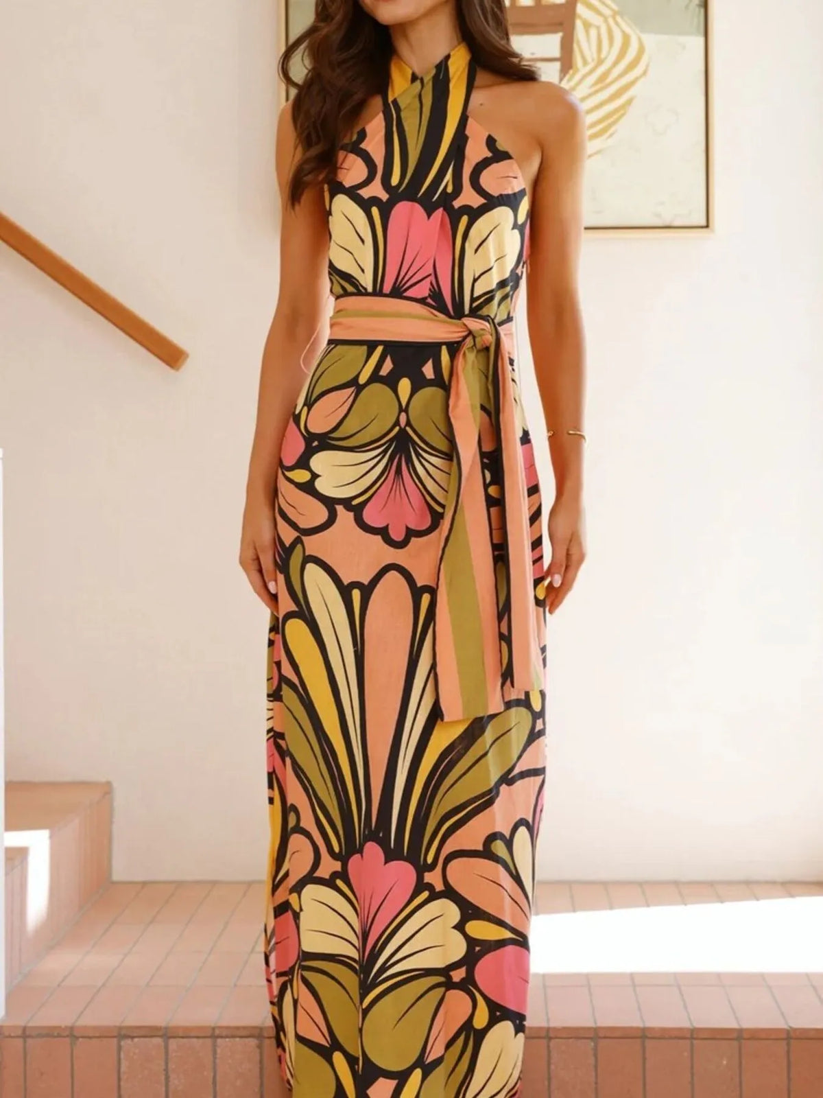 Printed Halter Maxi Dress in Multicolor