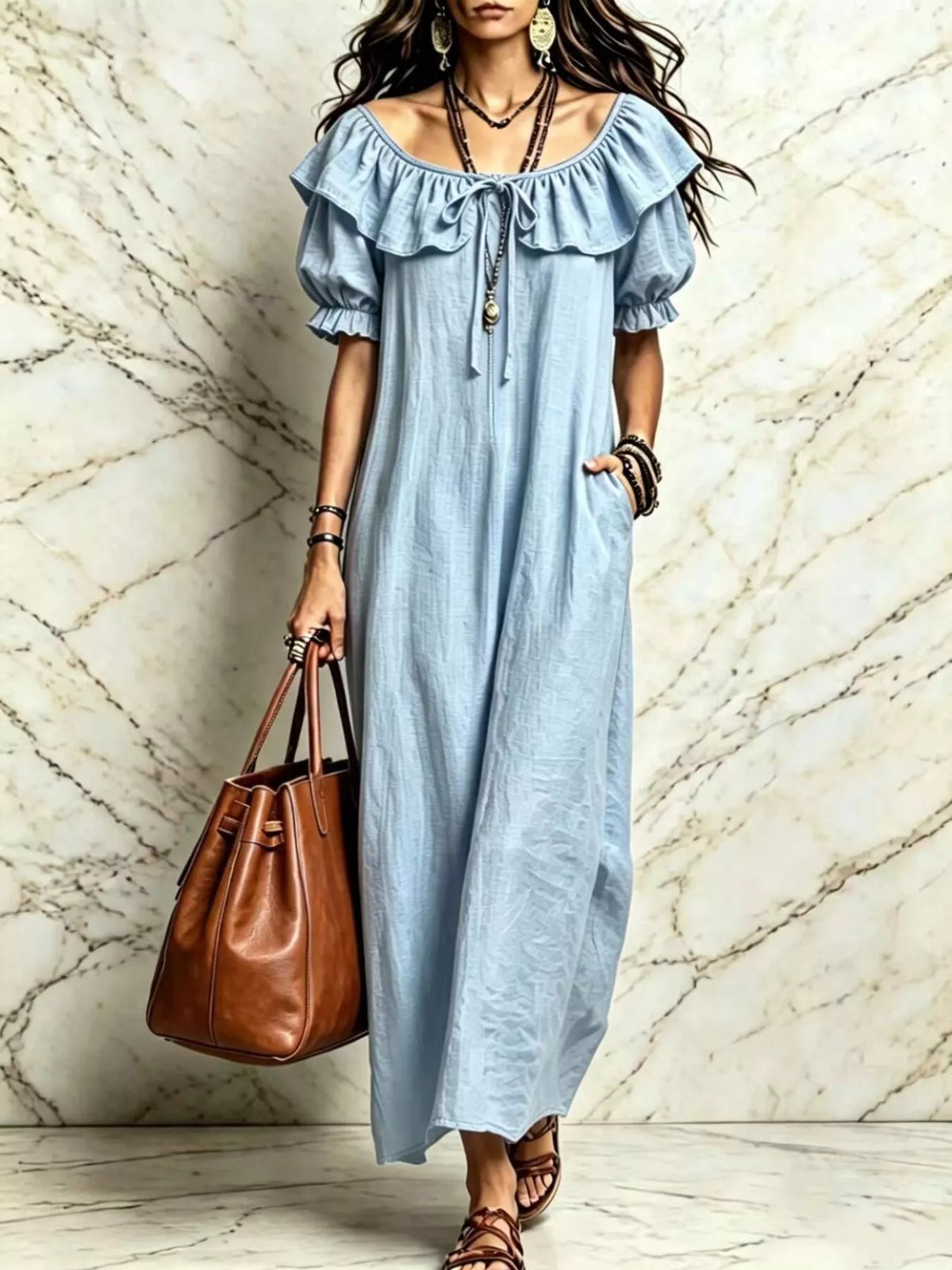 Puff Sleeve Ruffle Trim Maxi Dress
