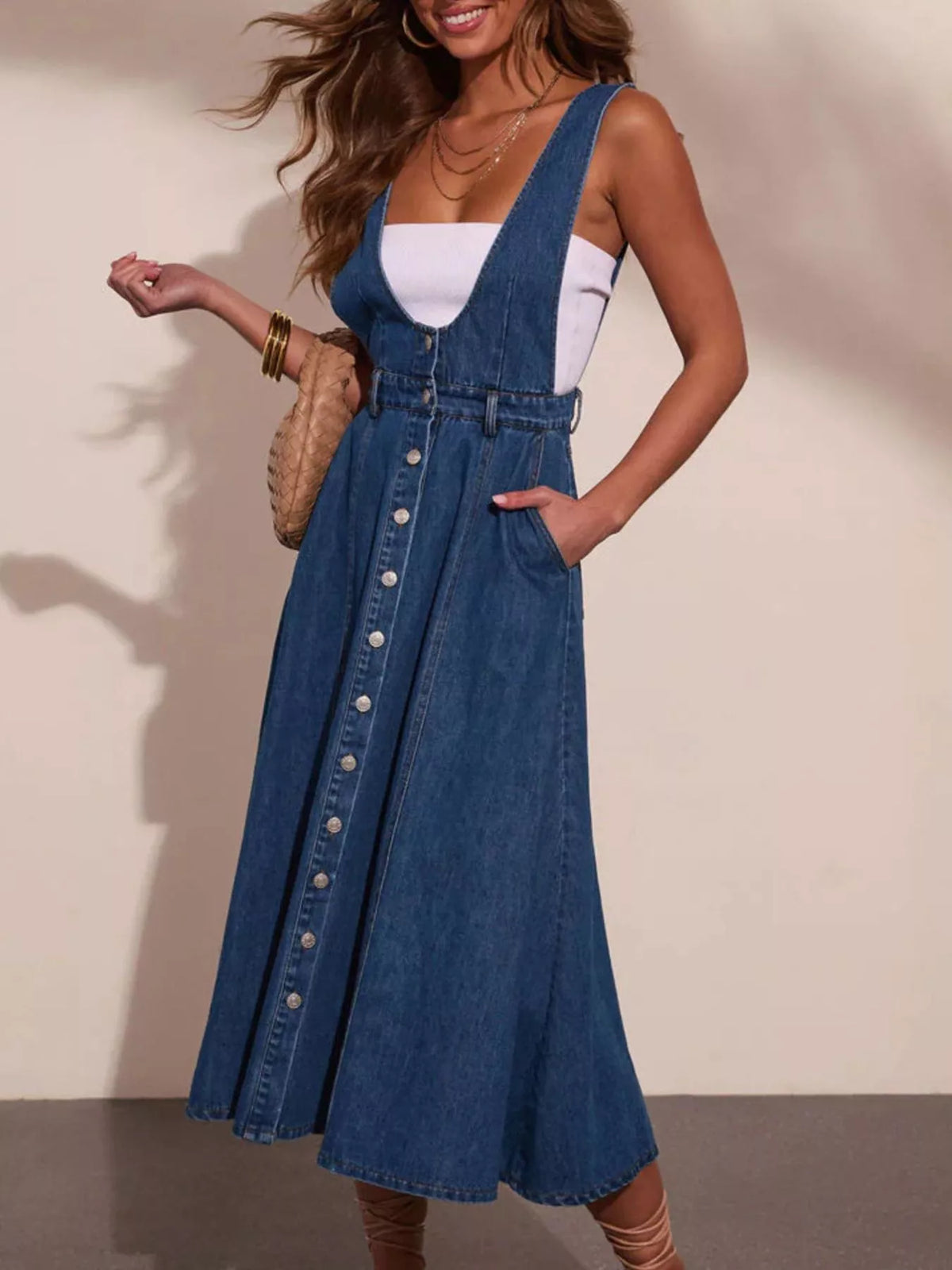Button Front Denim Overall Midi Dress in Blue