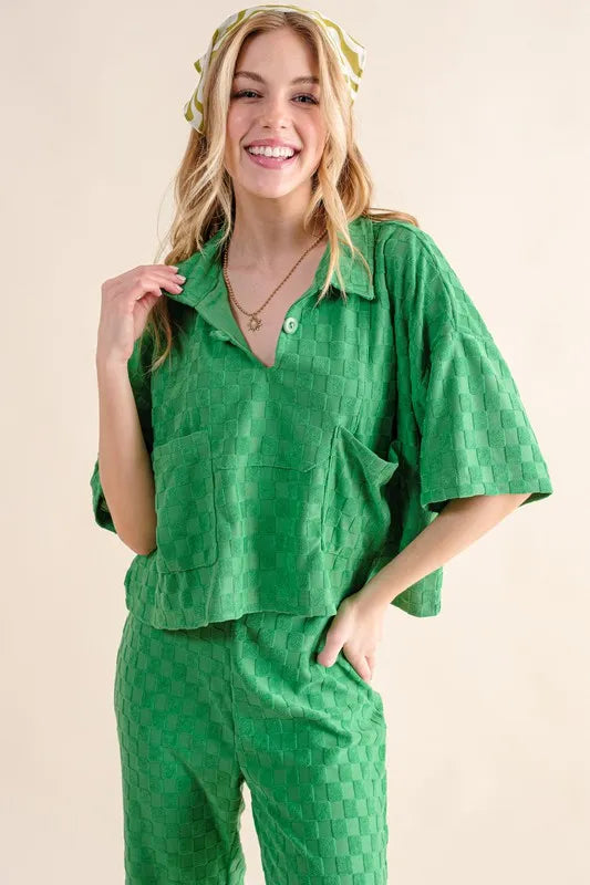 And The Why Checkerboard Print Top in Green