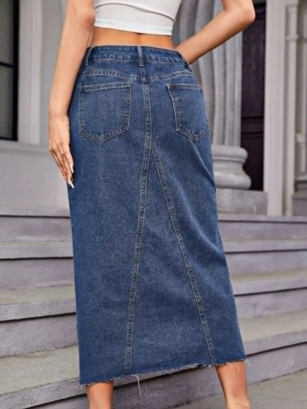 Slit Midi Denim Skirt in Medium Wash