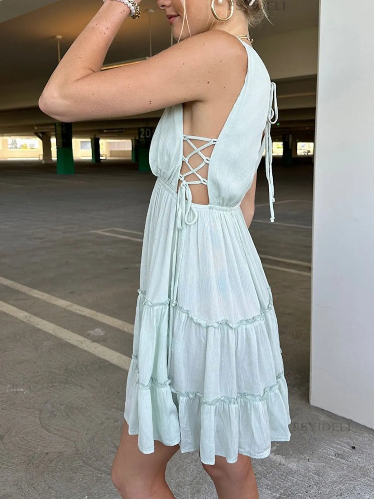 Ruched Lace-Up Tiered Mini Dress