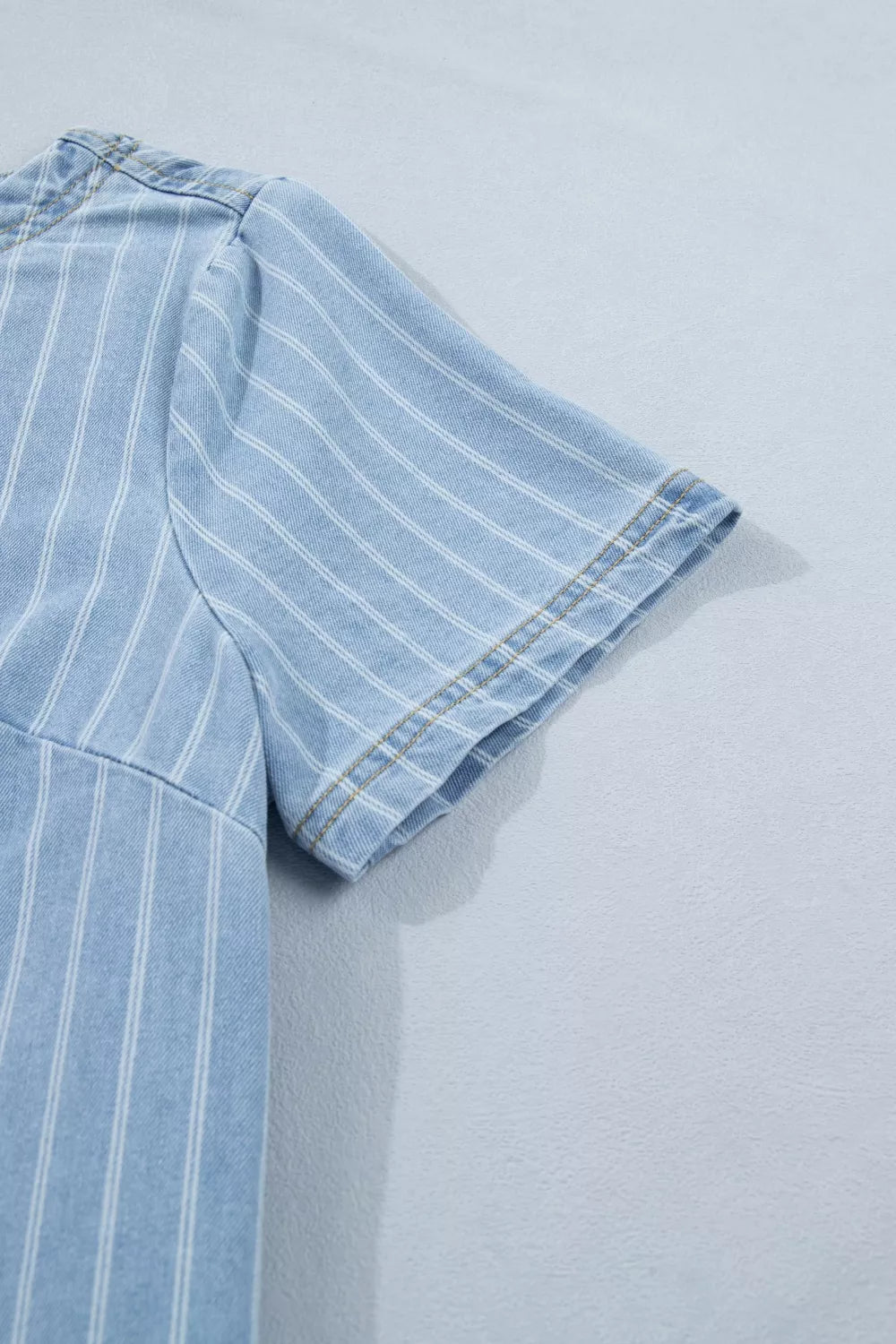 Striped Buttoned-Back Denim Mini Dress in Light Blue
