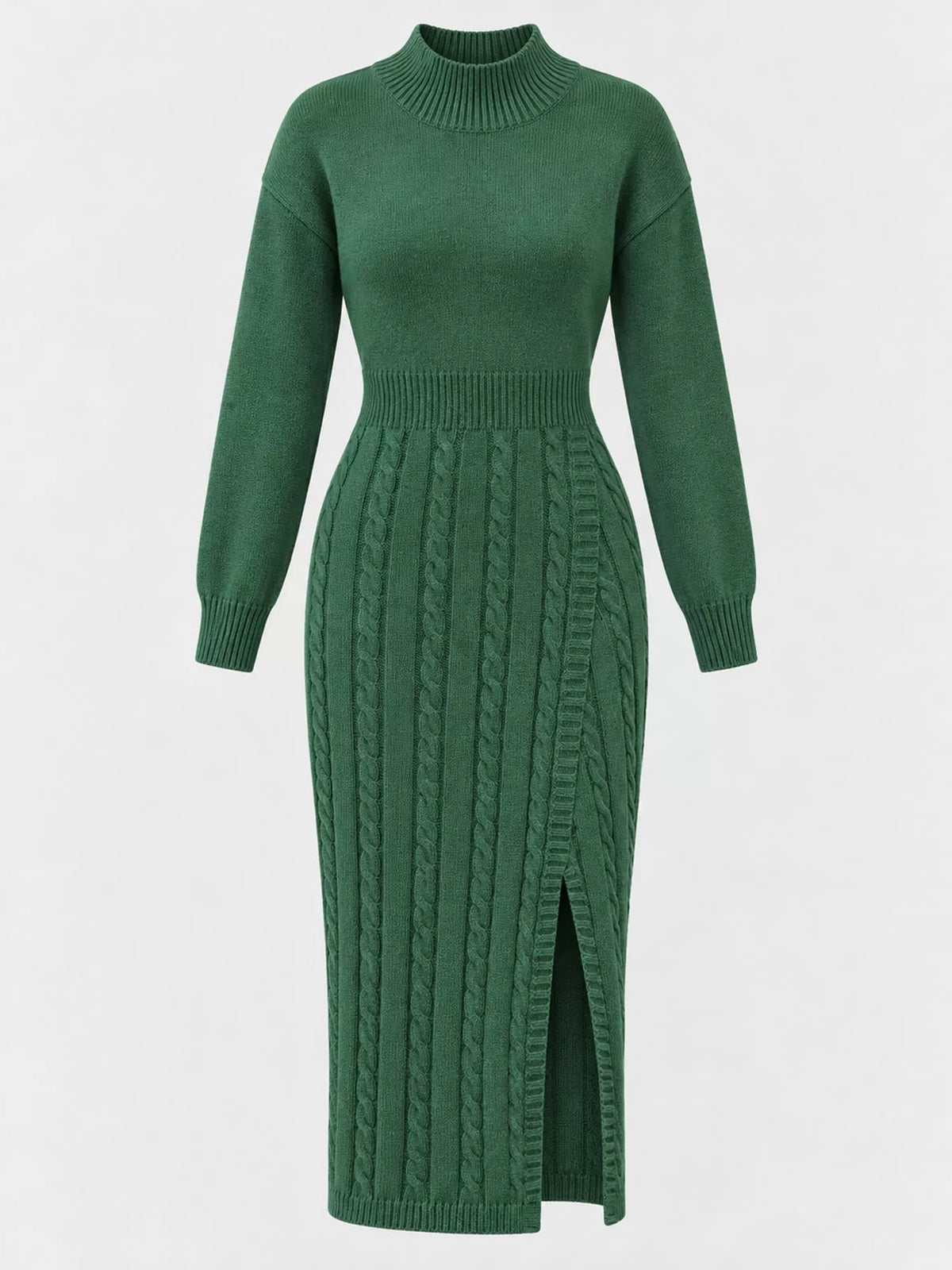 Mock Neck Cable Knit Sweater Dress with Front Slit