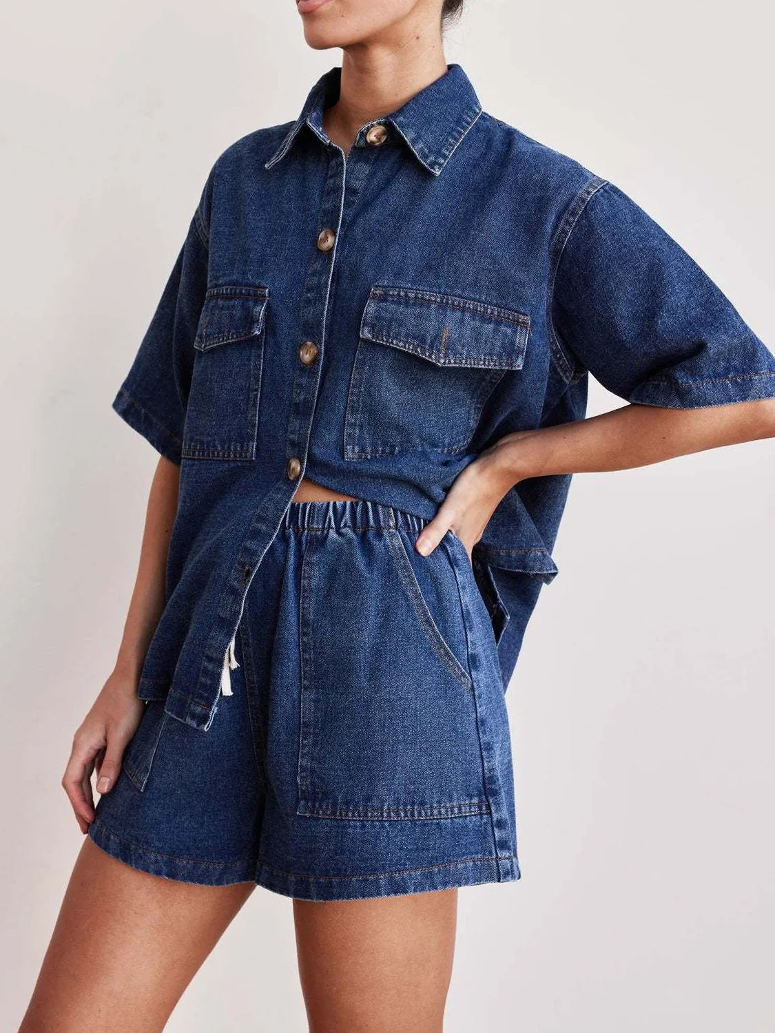 Button-Up Short Sleeve Denim Top and Shorts Set