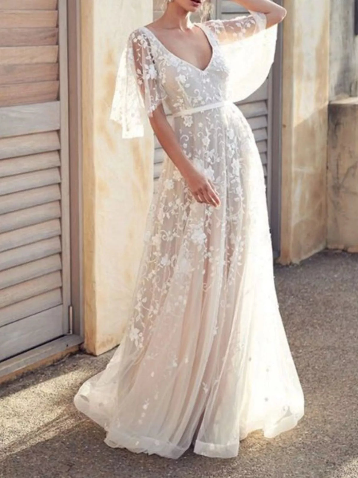Lace Flutter Sleeve V-Neck Dress in White
