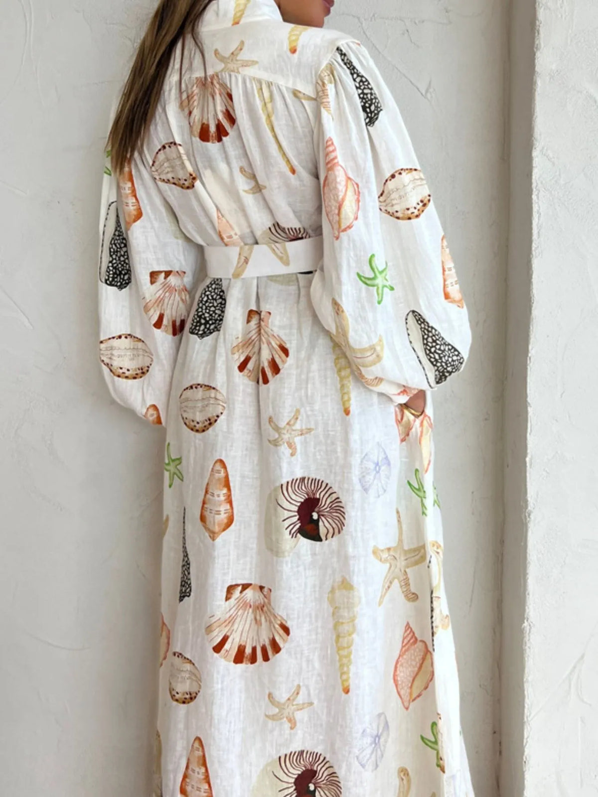 Printed Balloon Sleeve Maxi Shirt Dress in Beige