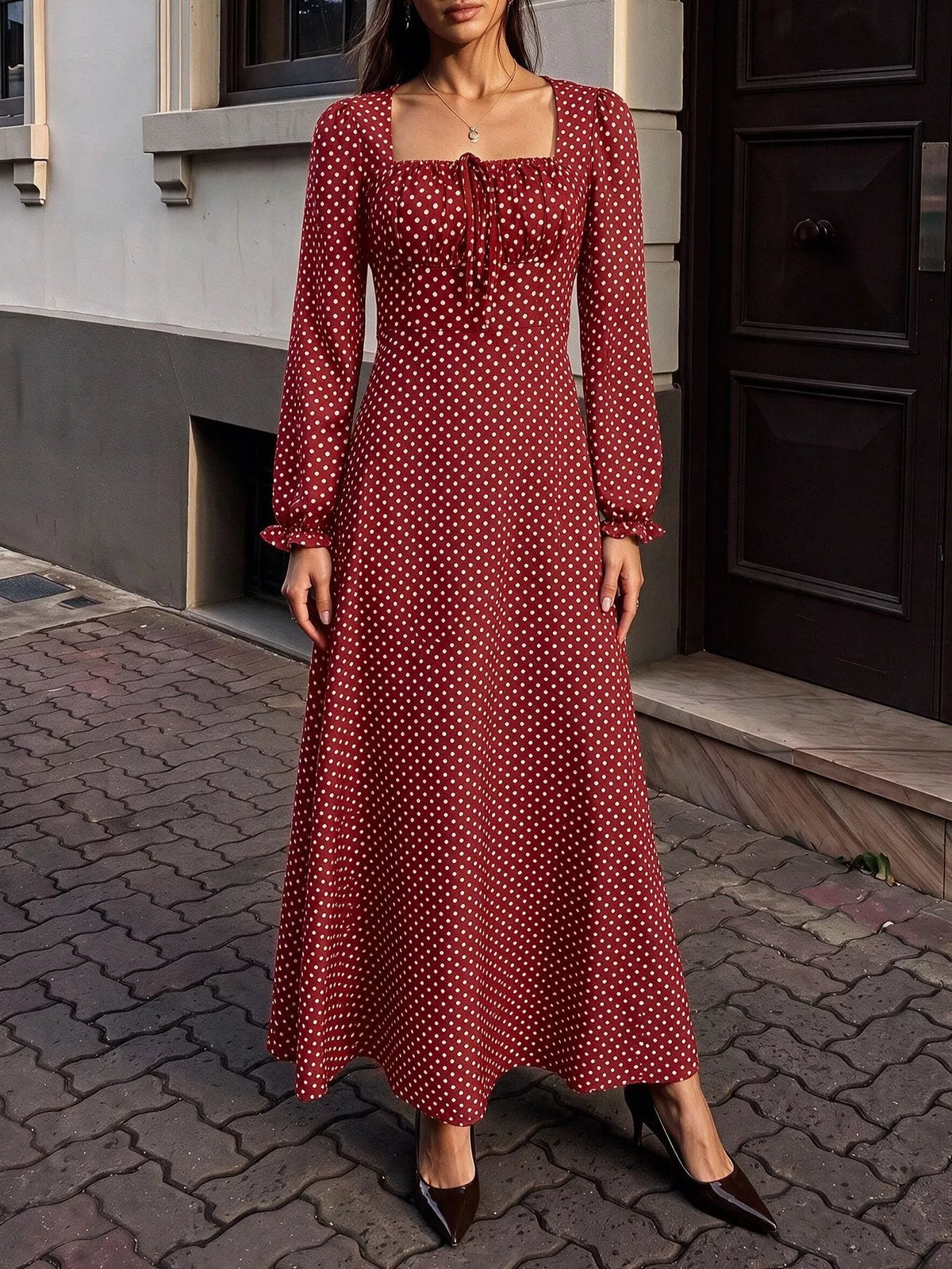 Square Neck Polka Dot Maxi Dress in Red