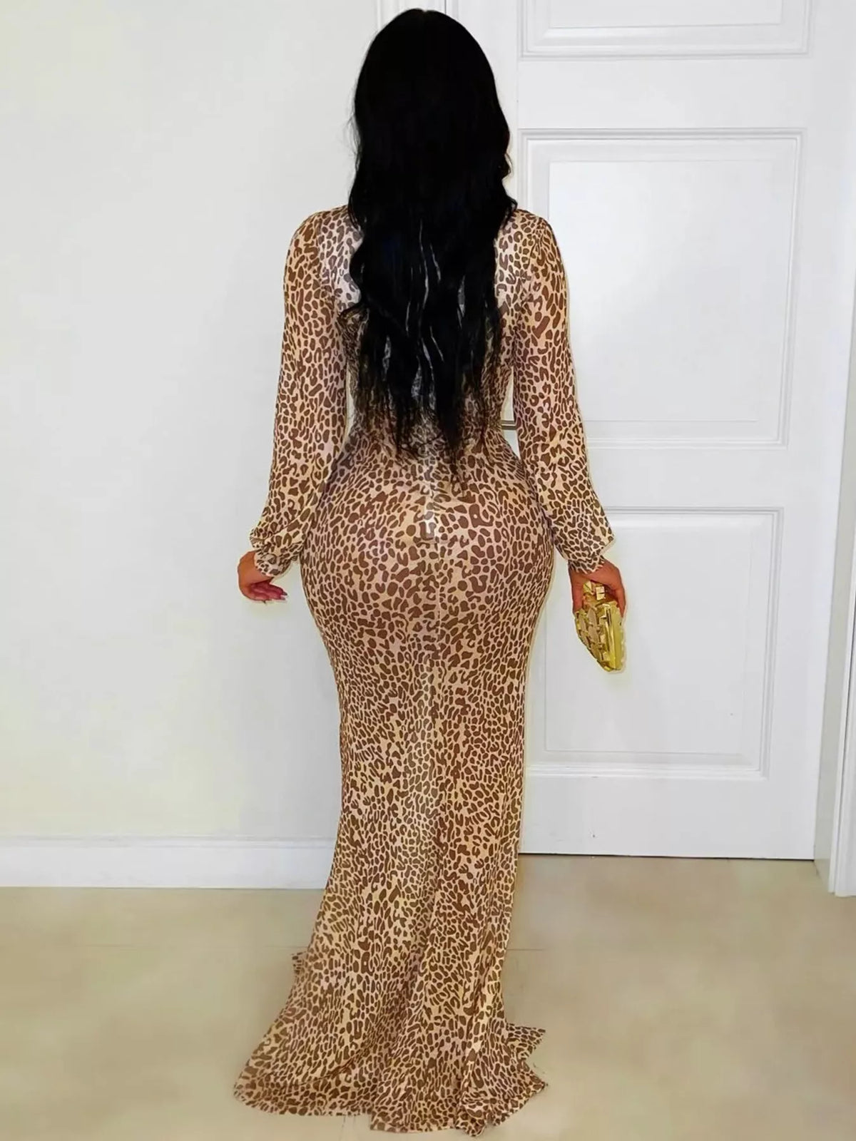 Leopard Print Sequin Long Sleeve Maxi Dress