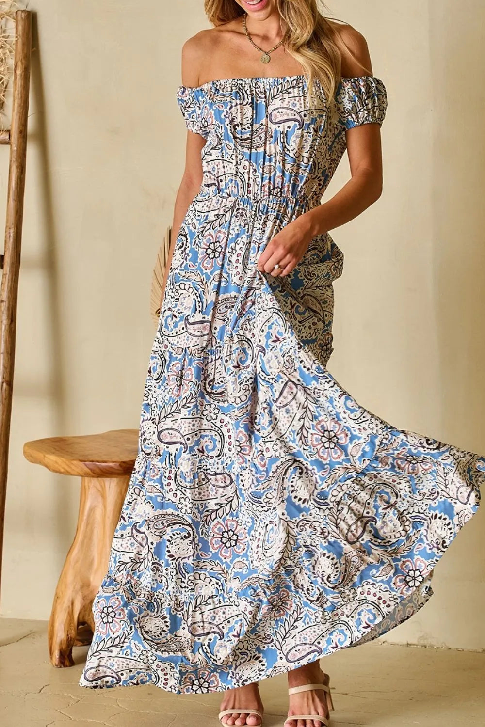 Paisley Print Off Shoulder Maxi Dress in Dusty Blue