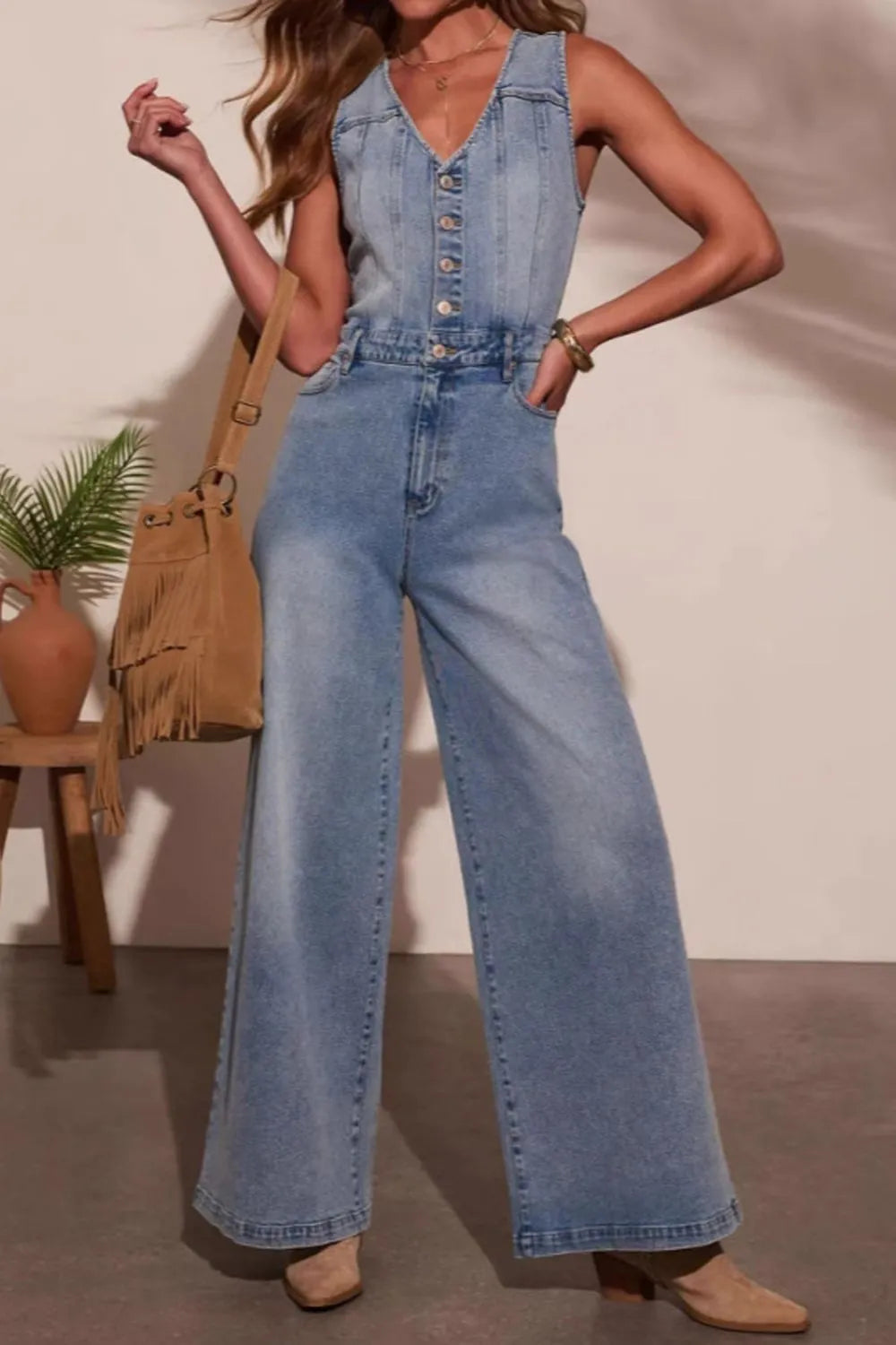 V-Neck Wide Leg Denim Jumpsuit in Medium Wash