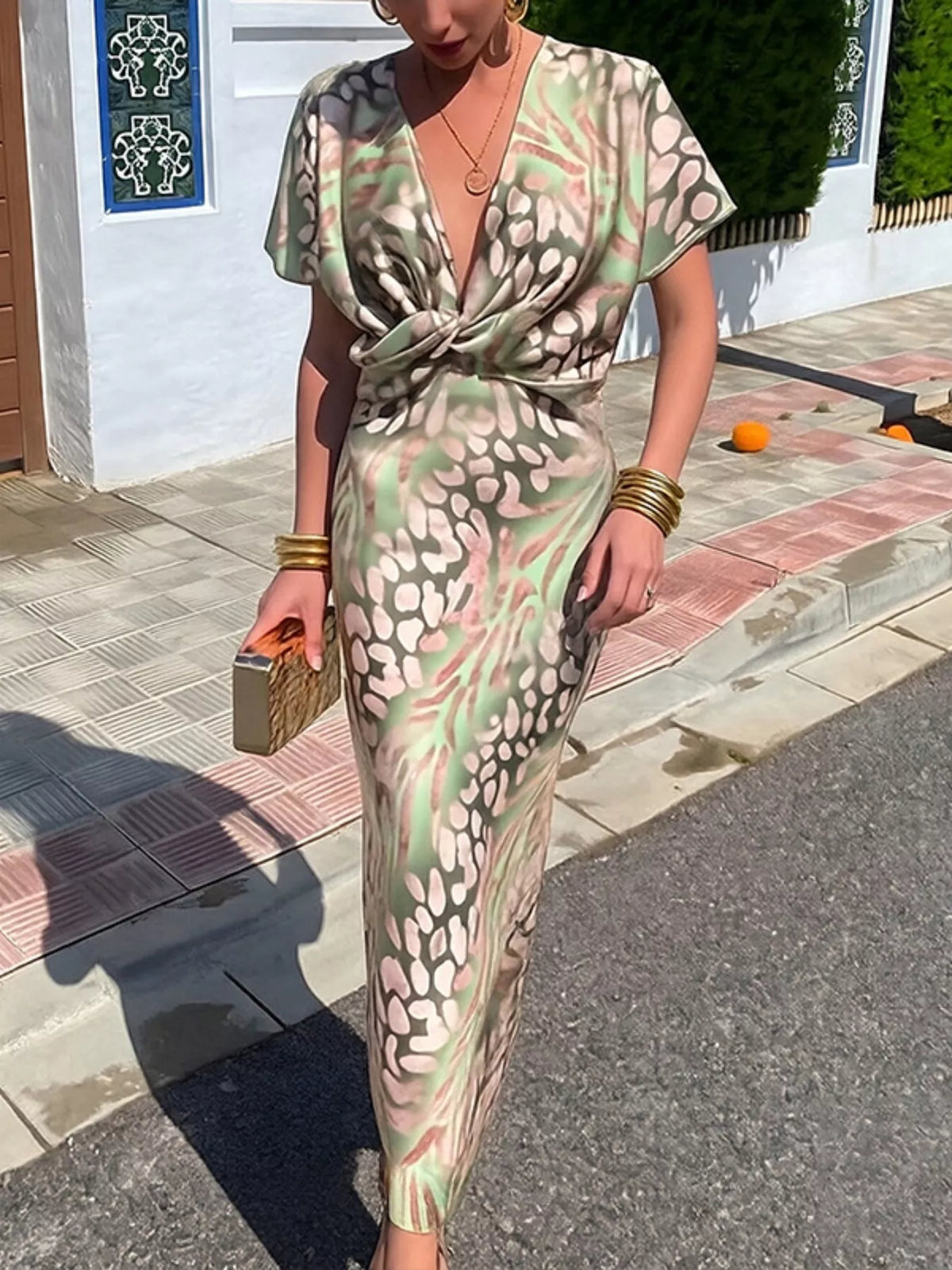 Twist-Front Animal Print Maxi Dress in Sage