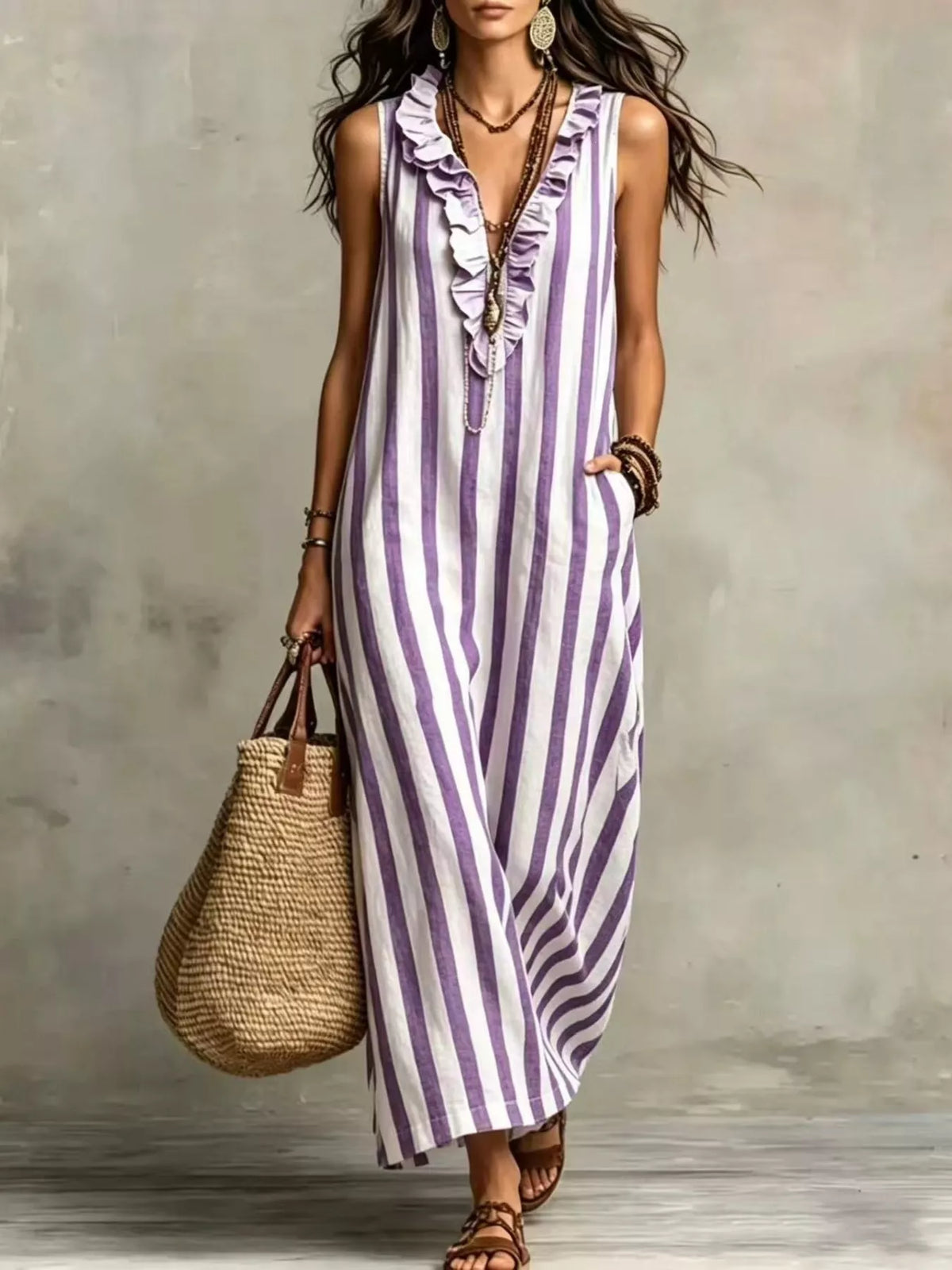 Ruffle V-Neck Sleeveless Plus Size Maxi Dress