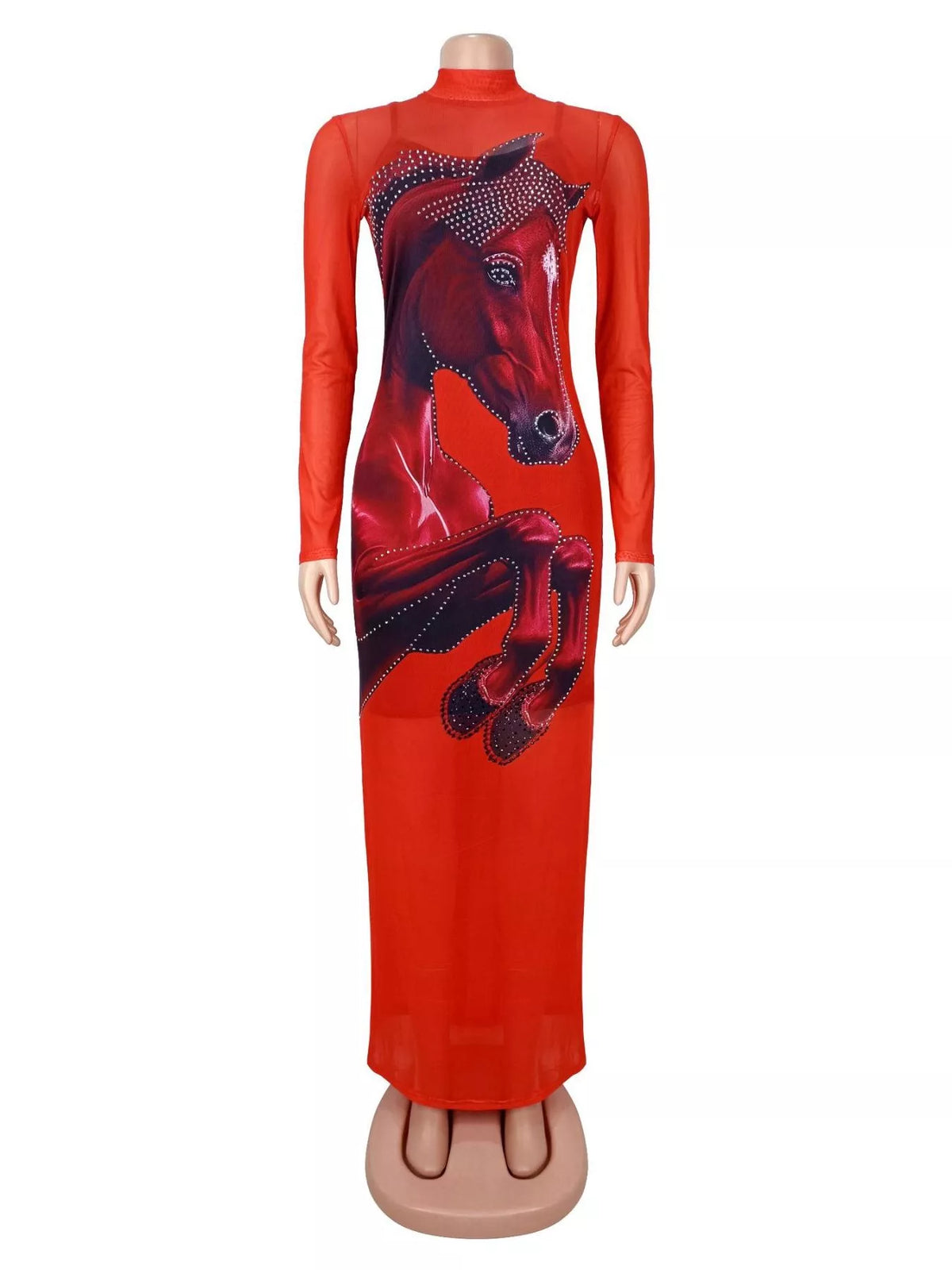Cami & Rhinestone Mesh Maxi Dress Set in Red
