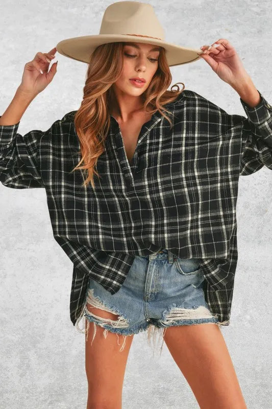 High-Low Plaid Polo Shirt in Black