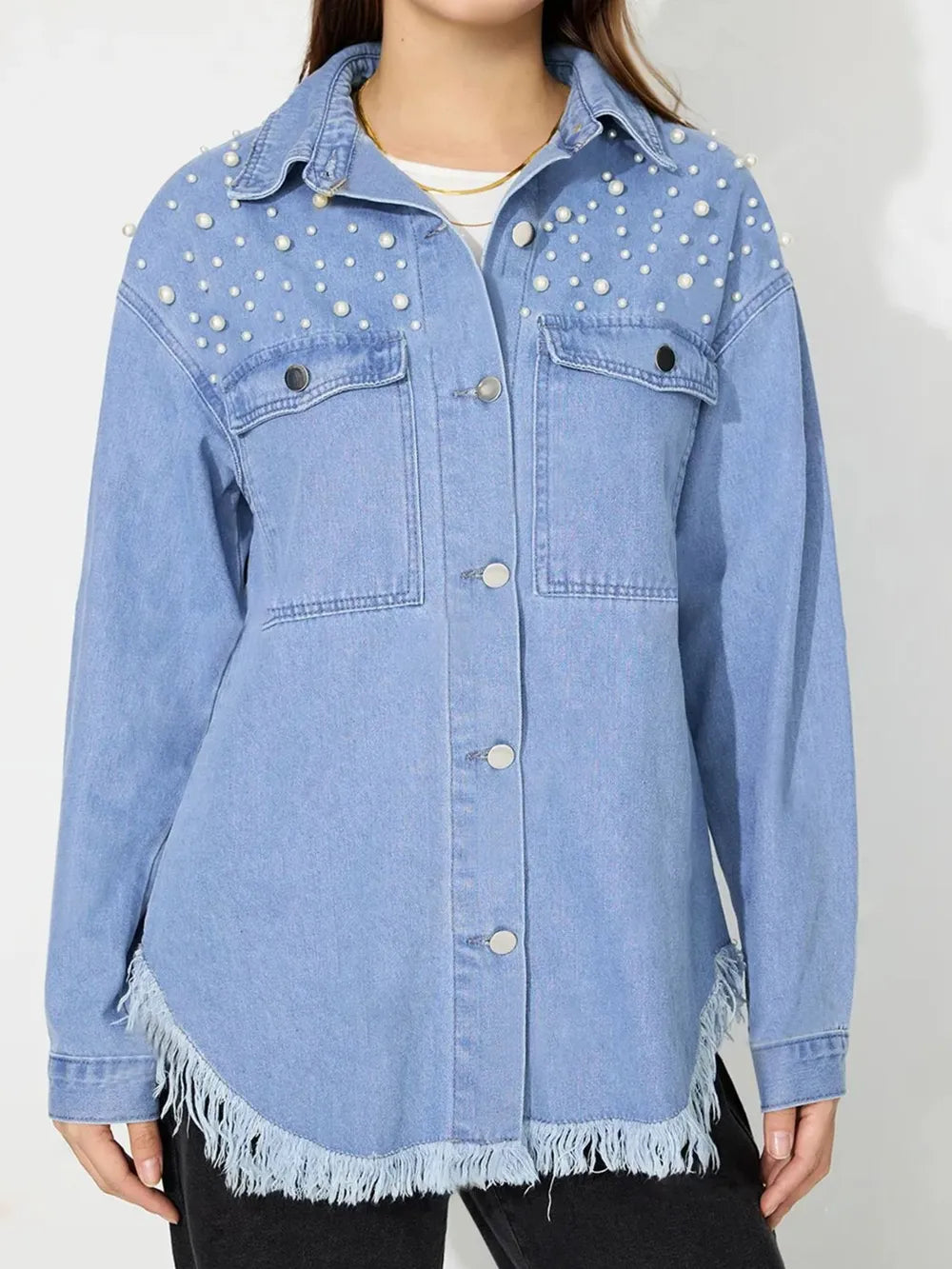 Pearl Trim Collared Denim Top