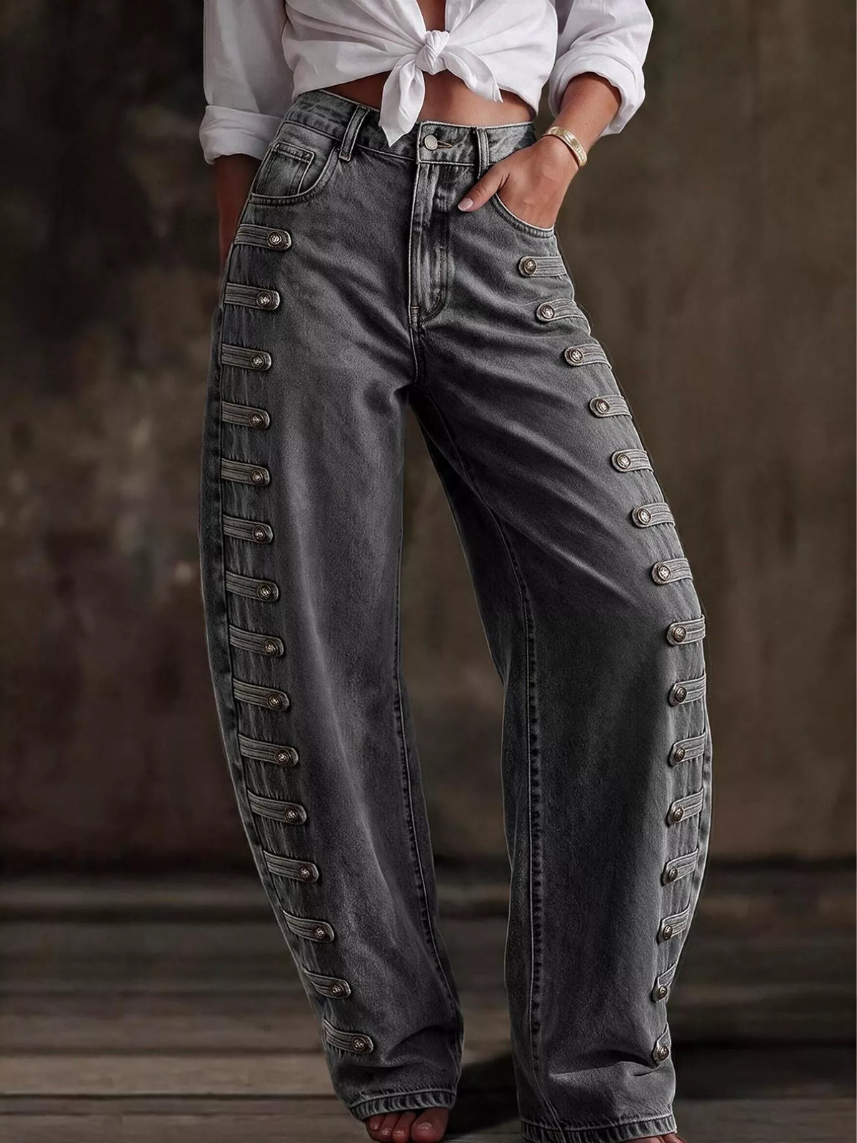 Decorative Button Wide Leg Jeans