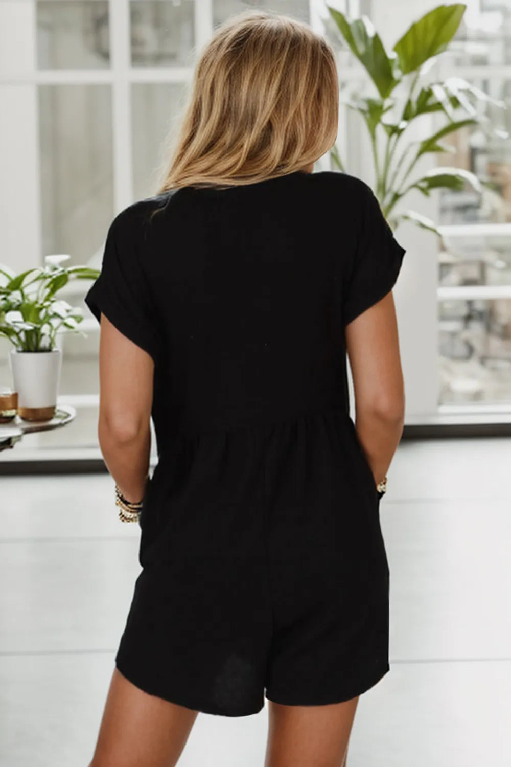 Pocketed V-Neck Romper in Black