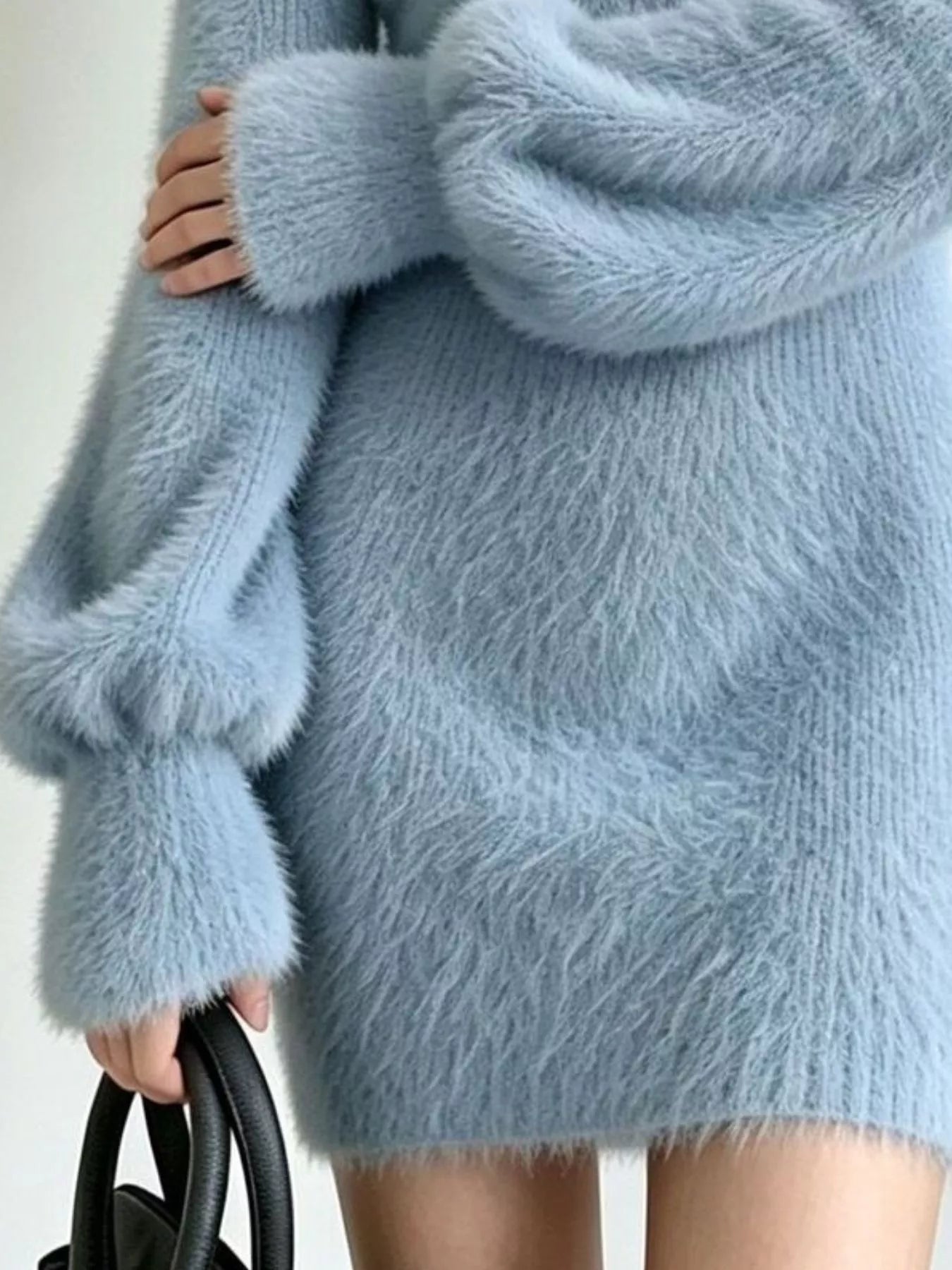 Fuzzy Knit V-Neck Sweater Dress