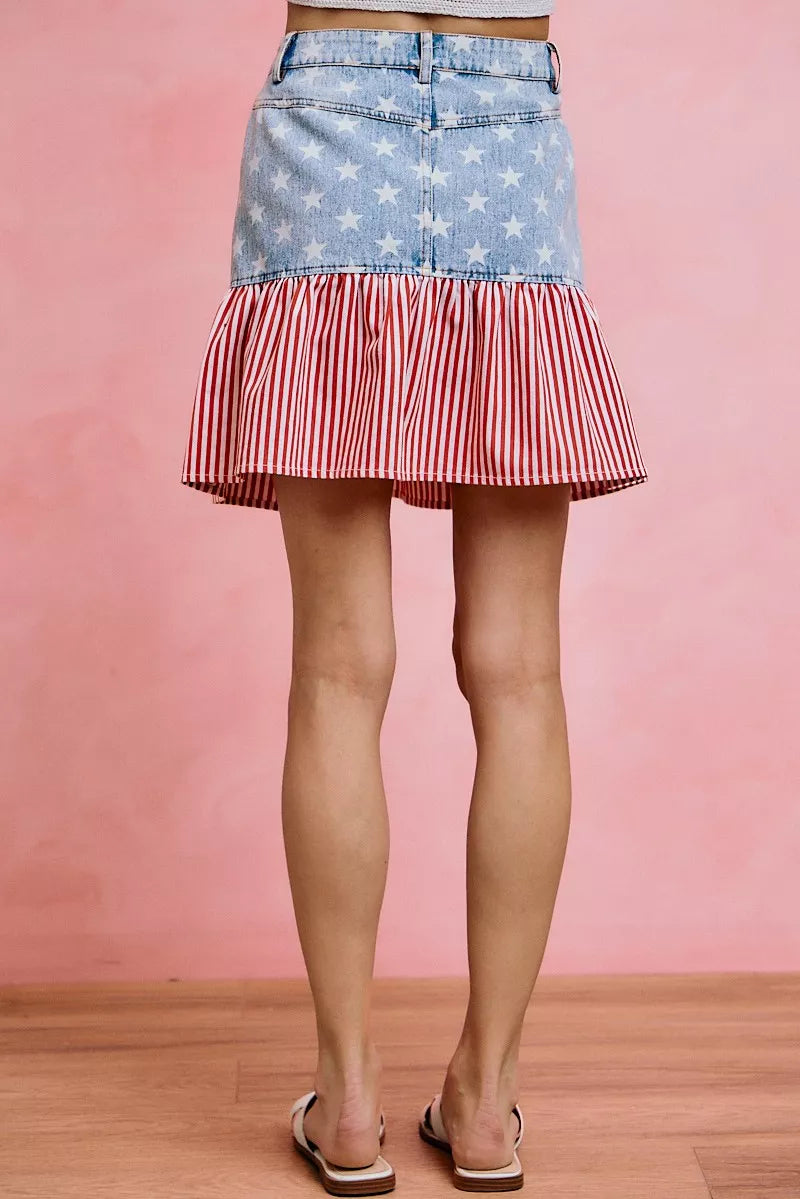 So Me Stars and Stripes Denim Mini Skirt in Blue and Red in Blue/red