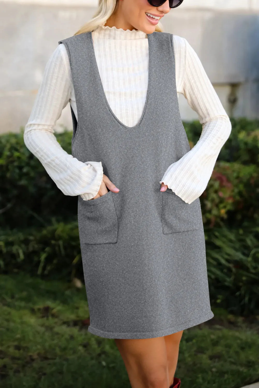 Pocketed V-Neck Mini Sweater Overall Dress