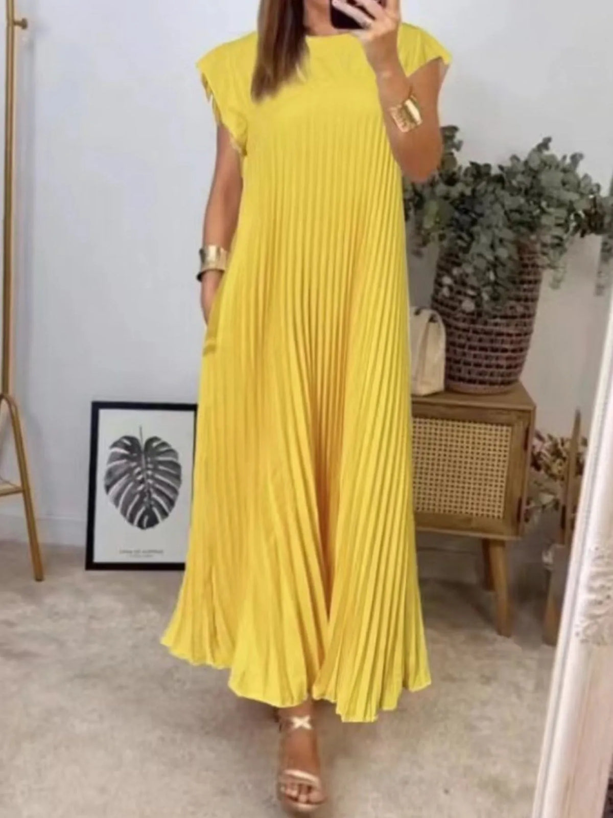 Pleated Round-Neck Maxi Dress with Pockets, Plus Size by Rosaline