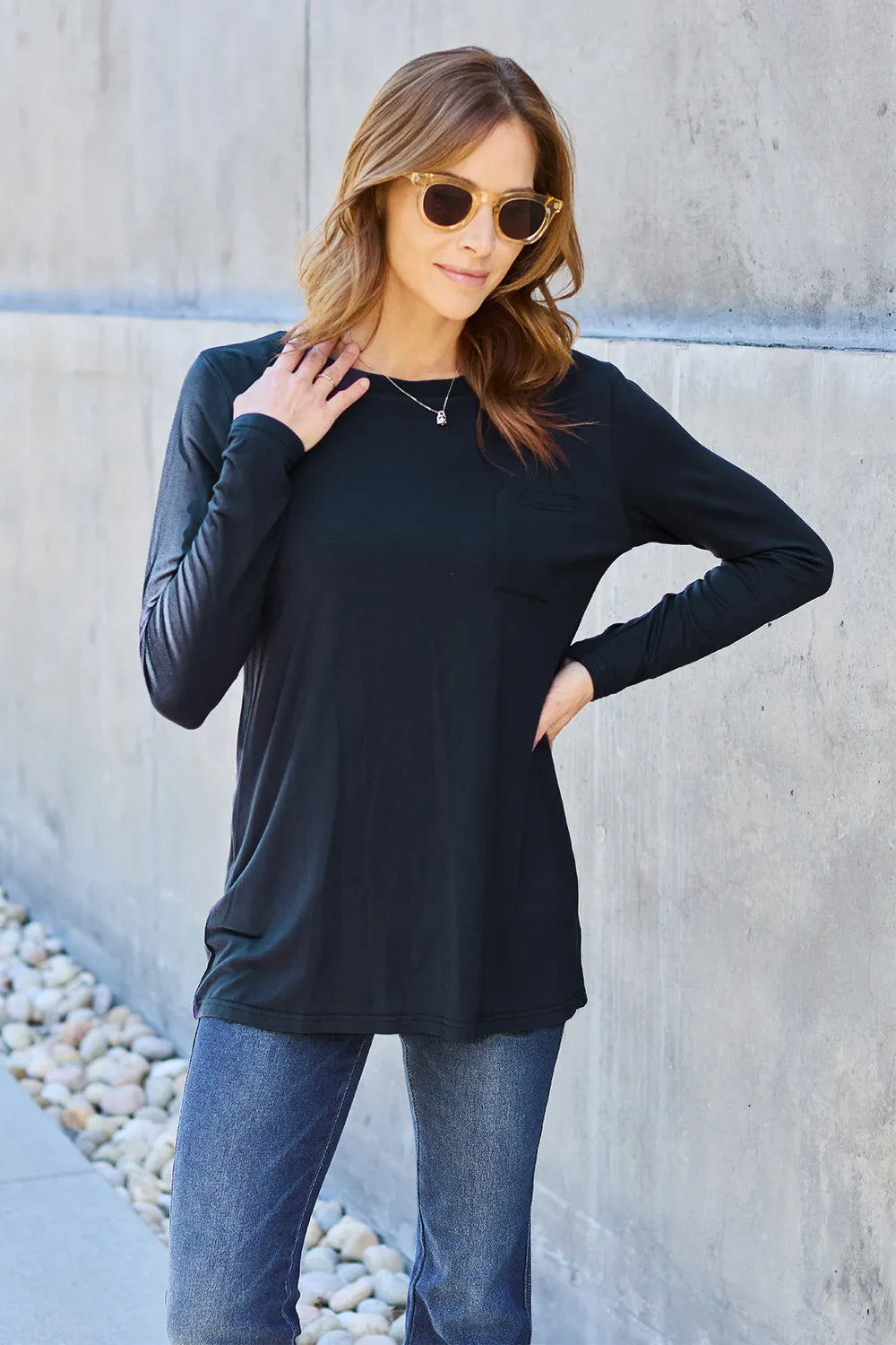 Basic Bae Pocketed Round Neck Long Sleeve Top