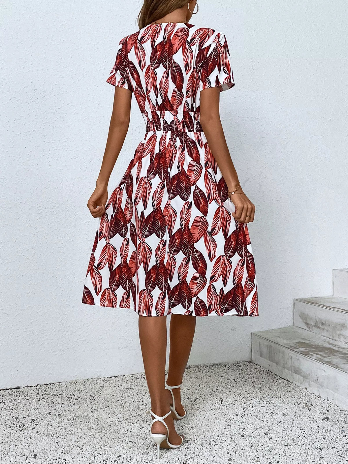 Smocked Printed Short-Sleeve Midi Dress
