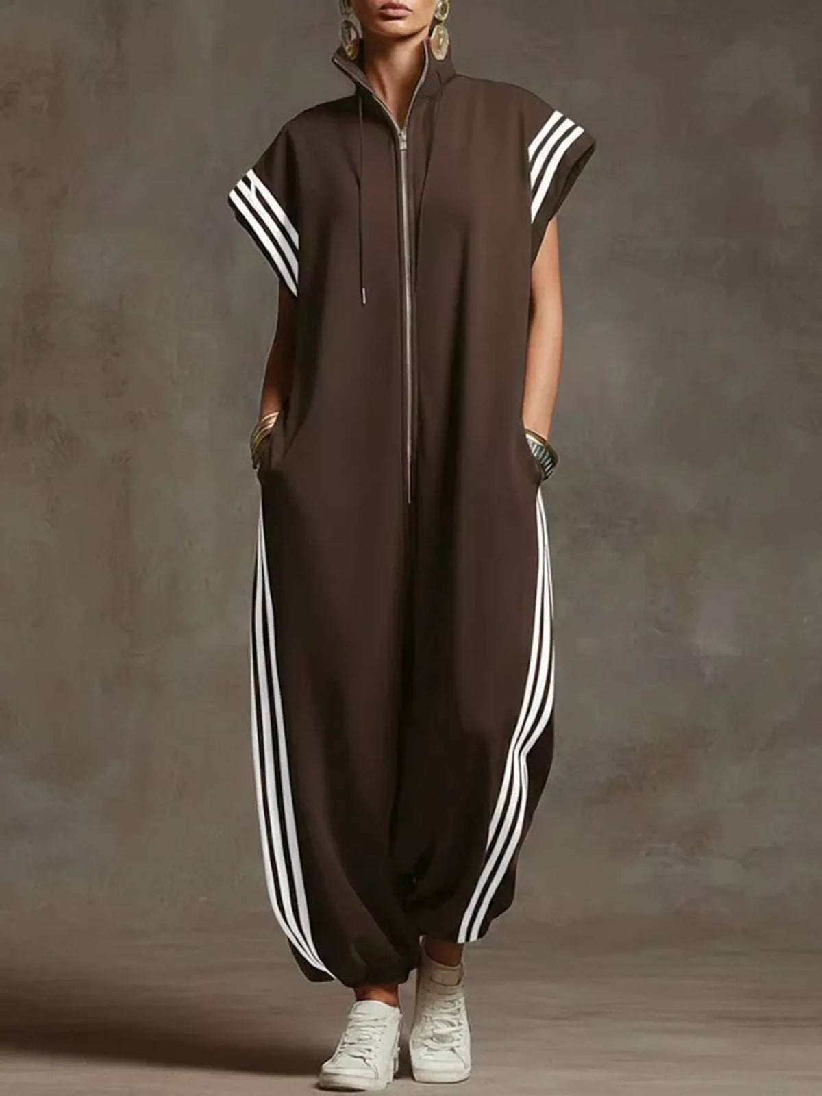 Side Stripe Zip-Front Wide-Leg Jumpsuit