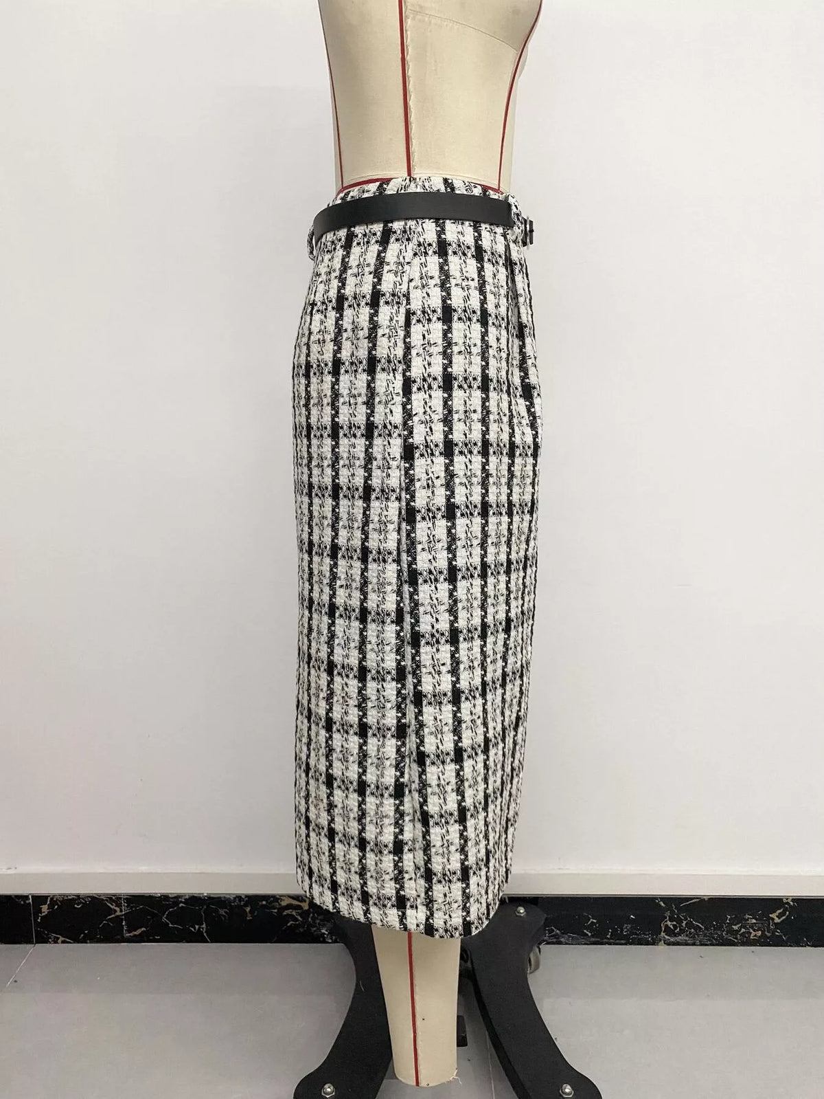 Black High-Waisted Tweed Plaid Midi Skirt
