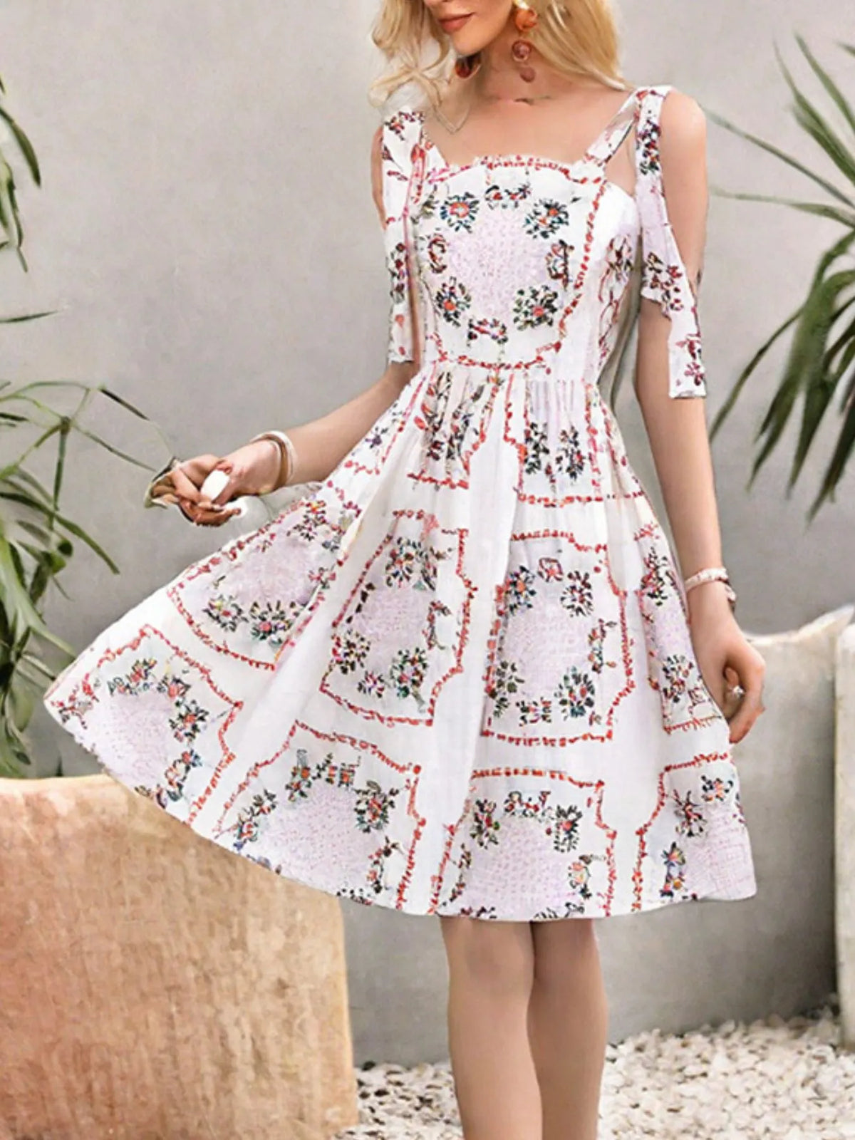 Floral Print Tie-Shoulder Mini Dress in Pink