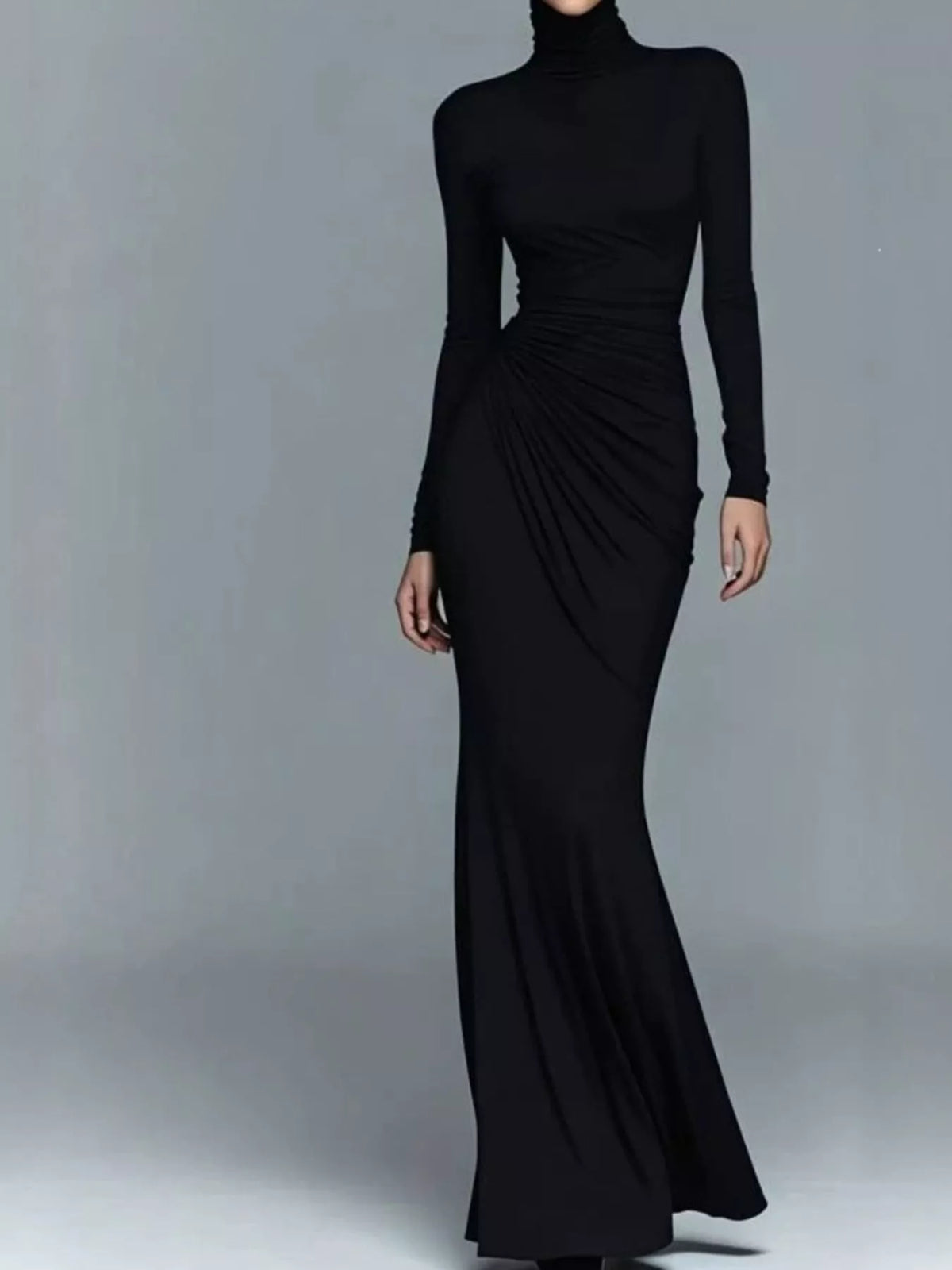 Turtleneck Long Sleeve Ruched Maxi Dress