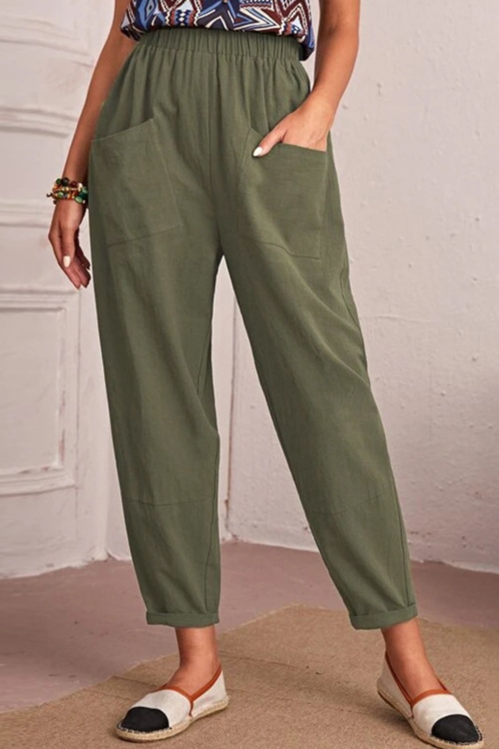 Elastic Waist Tapered Pants with Pockets