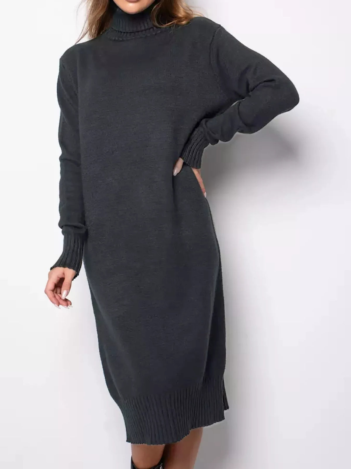 Relaxed Fit Turtleneck Ribbed Knit Sweater Dress