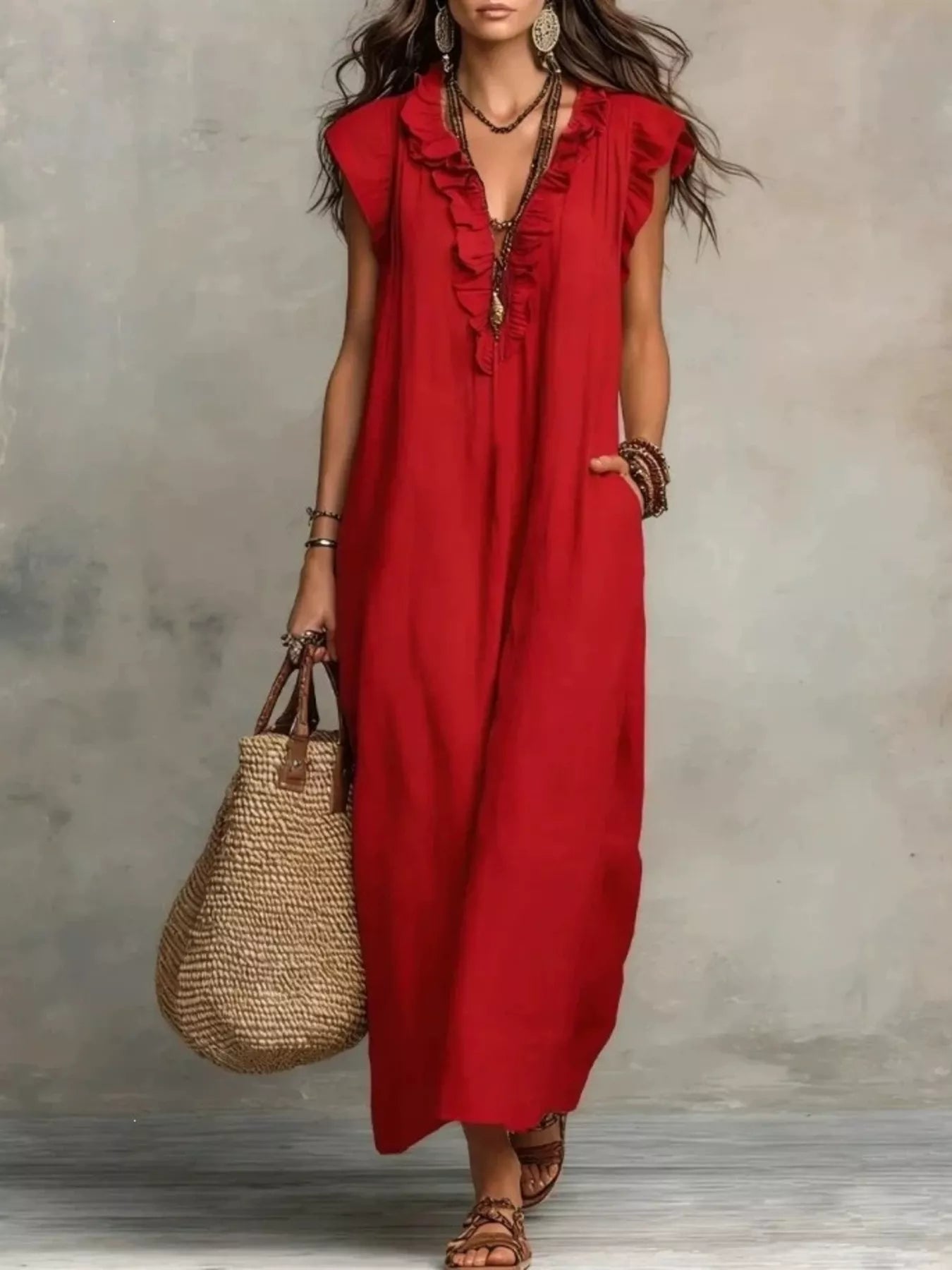 Ruffled V-Neck Cap Sleeve Maxi Dress Plus Size
