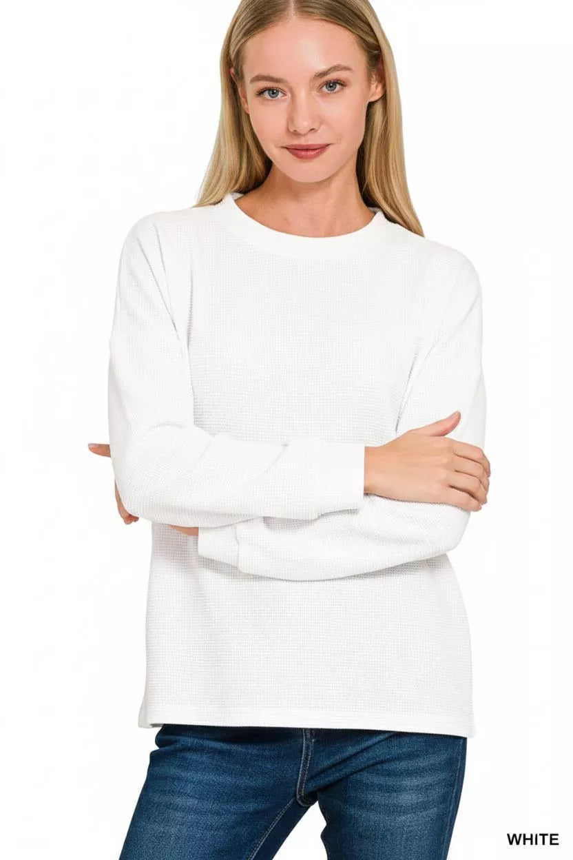 Zenana Double Knit Round Neck Long Sleeve Top in White
