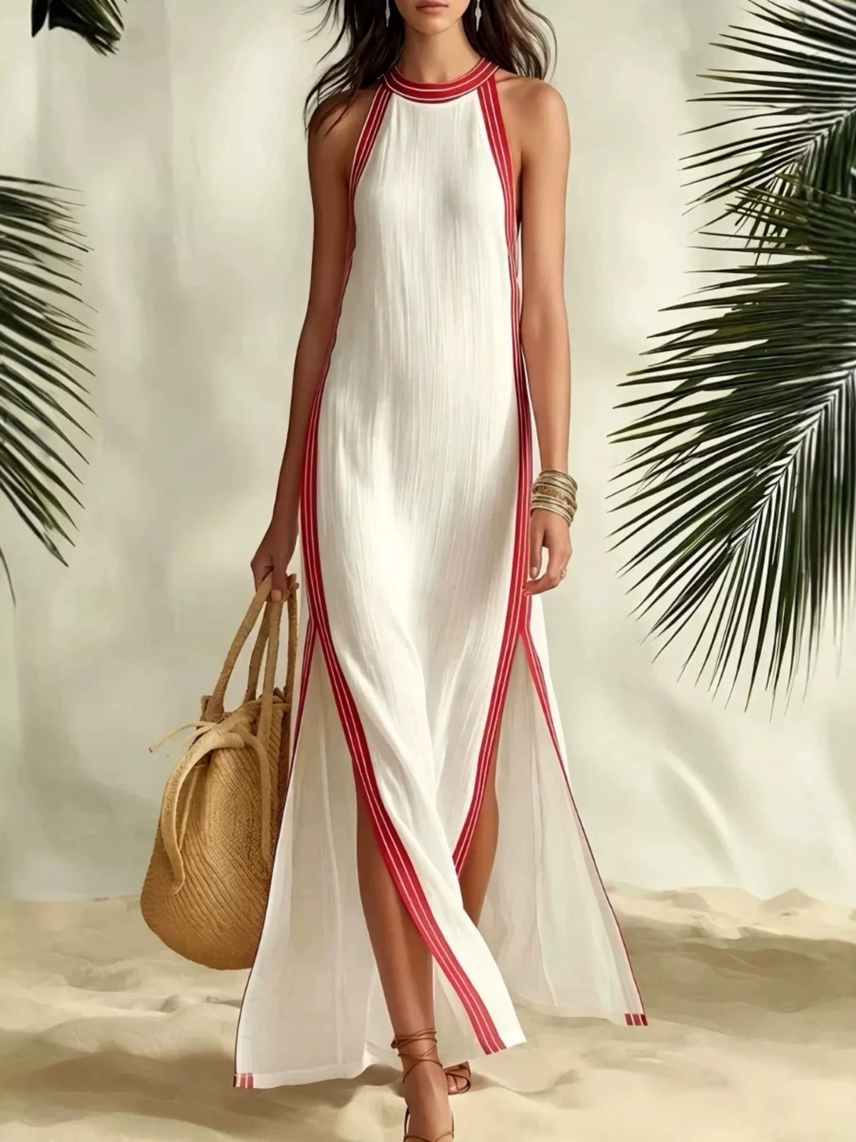 Striped Sleeveless Maxi Dress with Side Slit