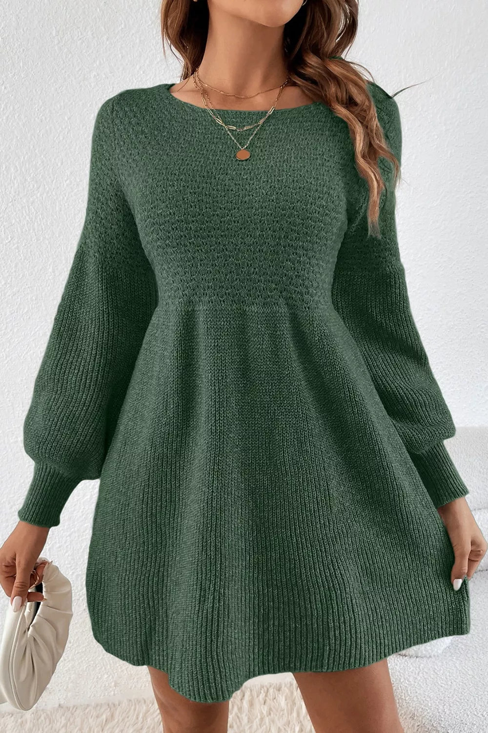 Round Neck Long Sleeve Mini Dress in Dark Green