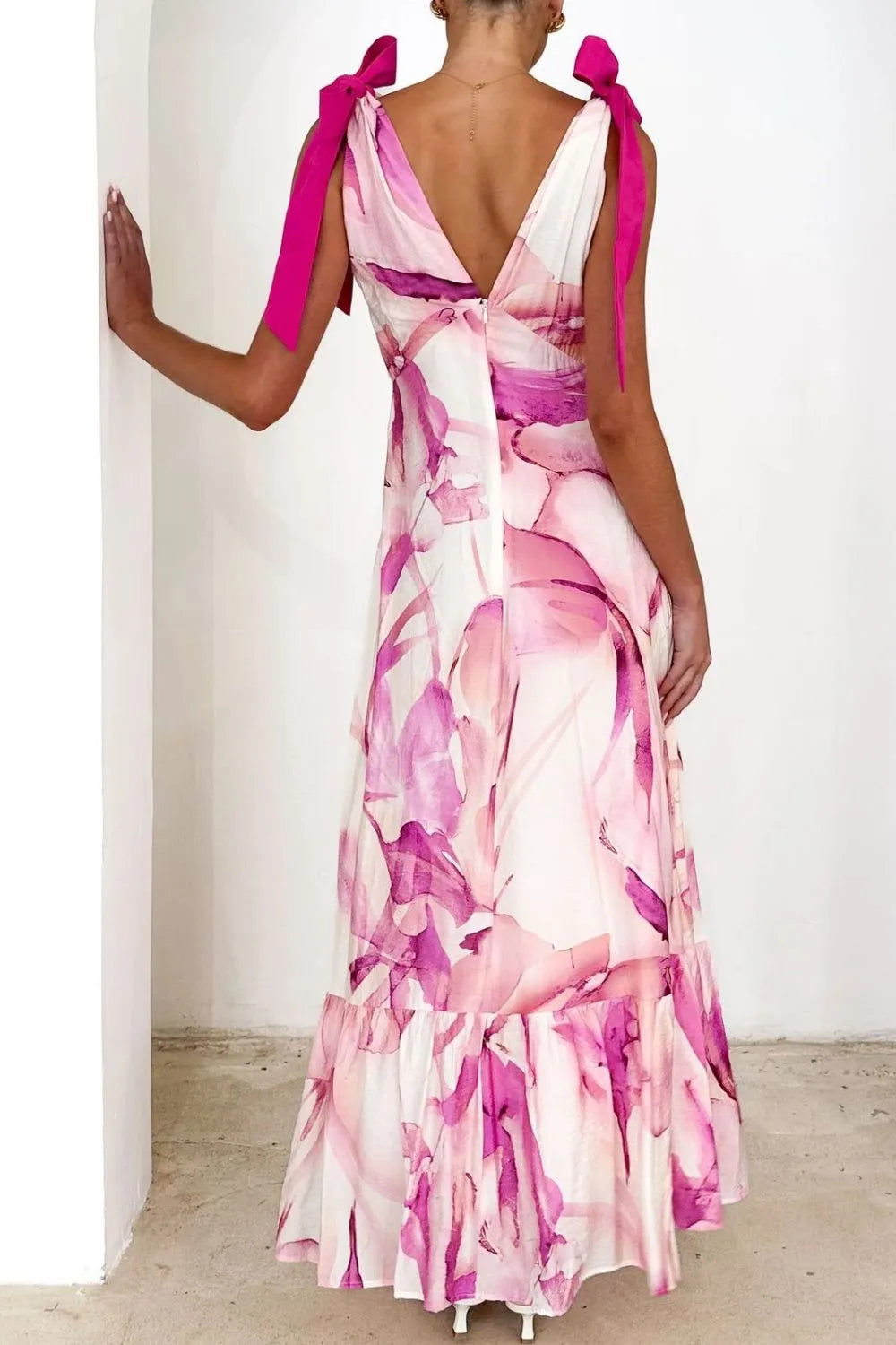 Printed Tie-Shoulder Ruched V-Neck Midi Dress