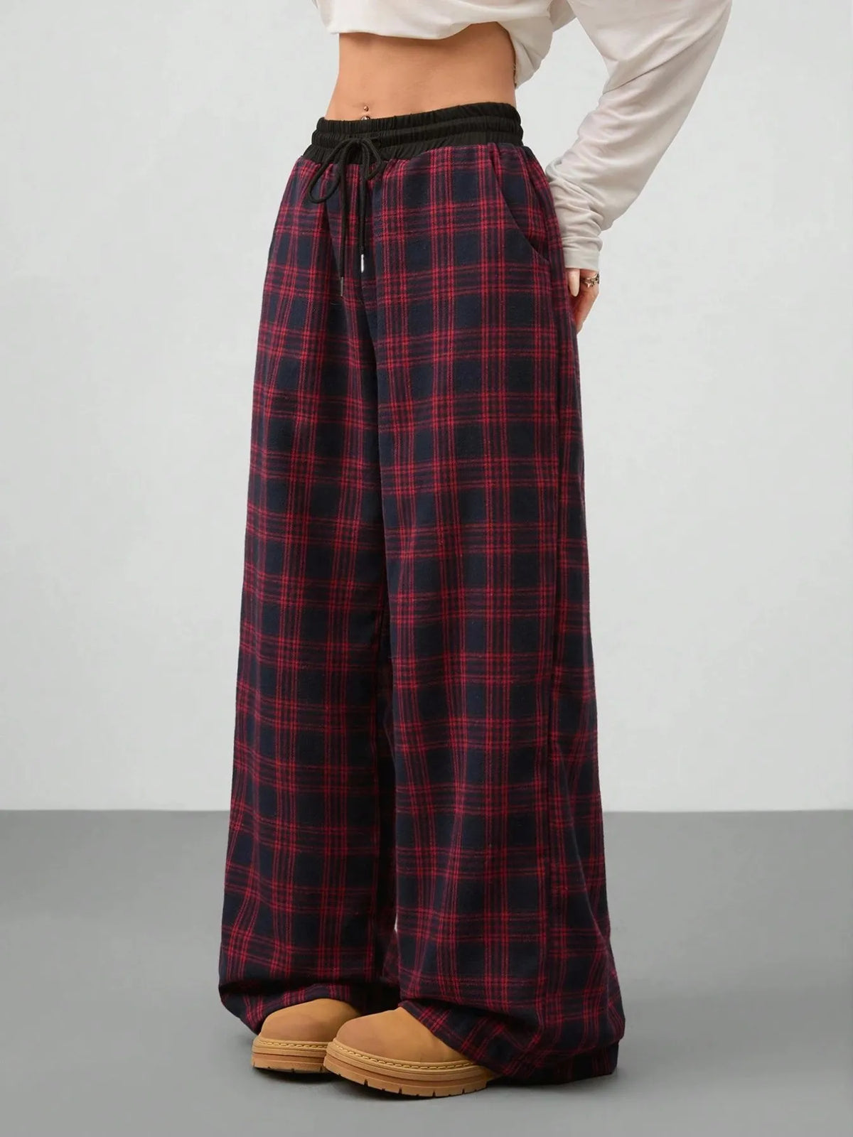 Plaid Wide-Leg Drawstring Pants in Scarlet