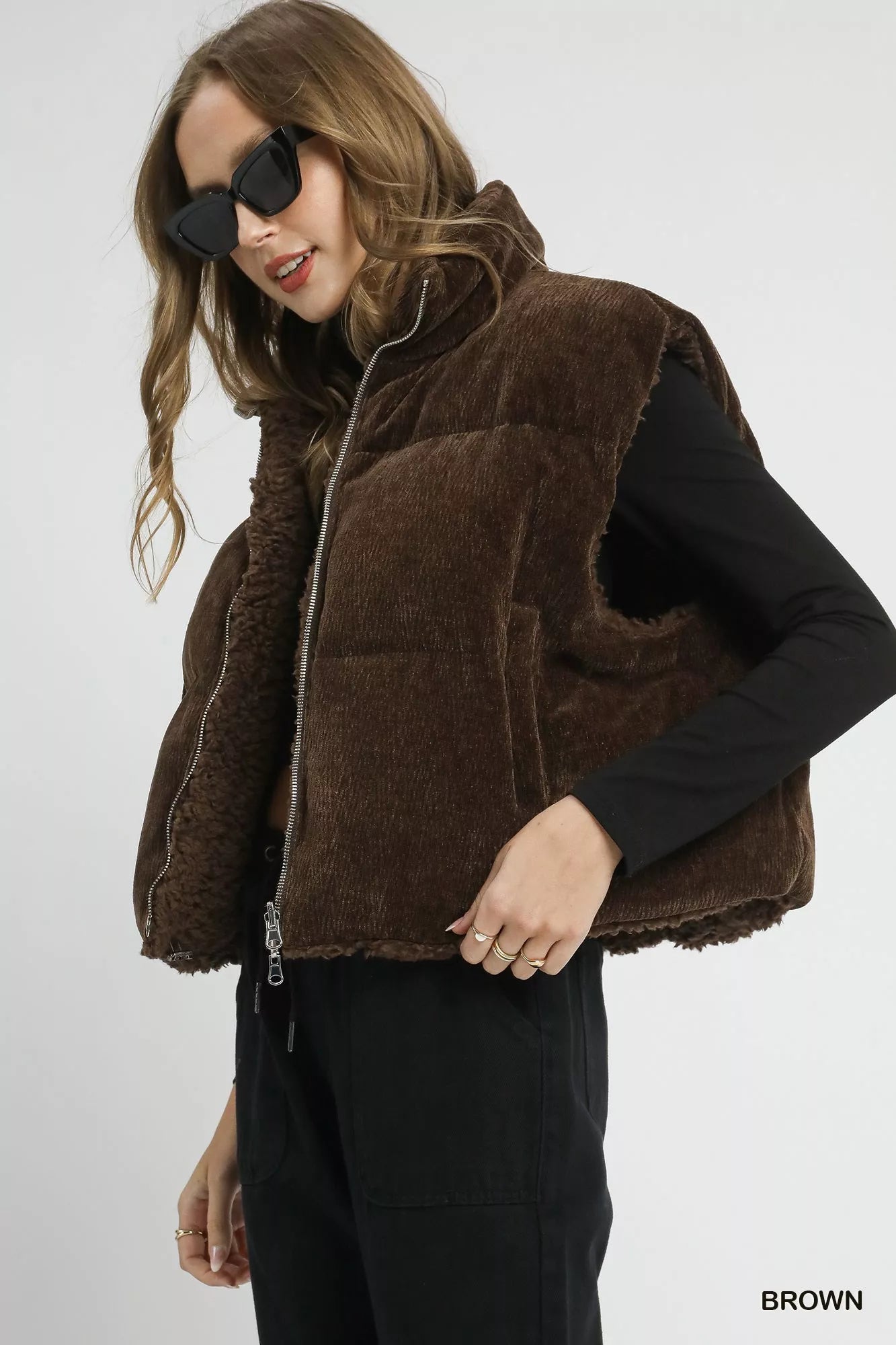 Umgee Sherpa-Lined Zip Vest in Brown