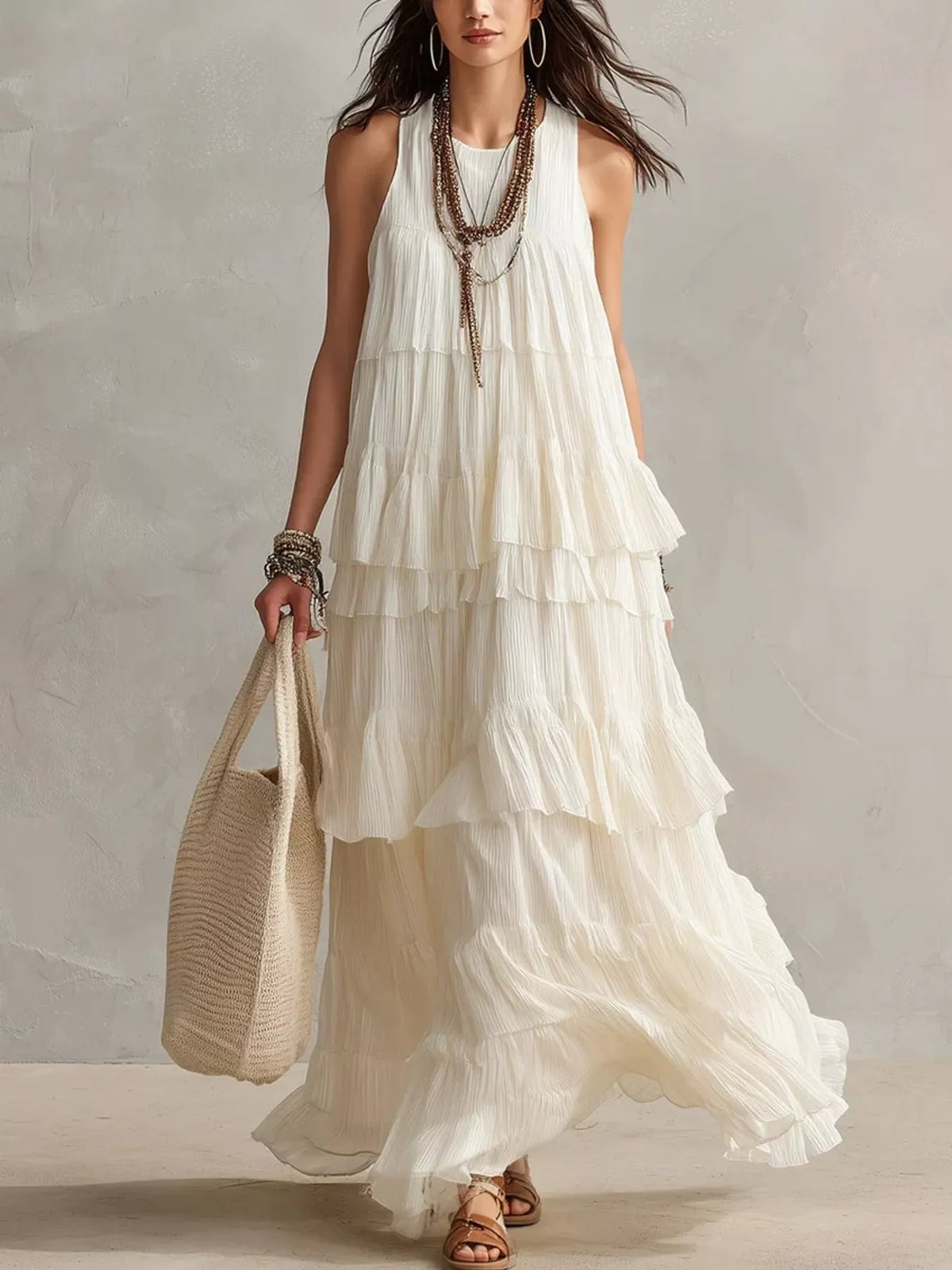 Tiered Ruffle Maxi Dress in White by Yvette