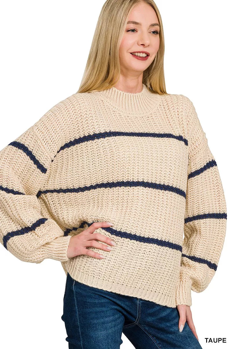 Zenana Oversized Striped Sweater in Taupe