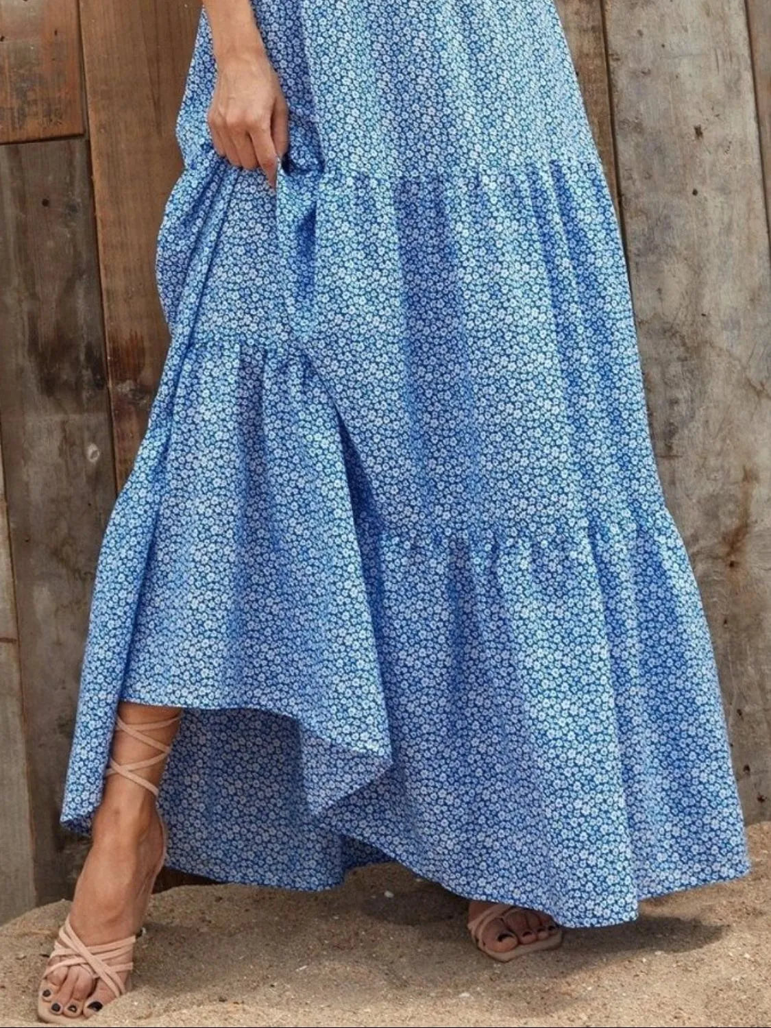Ruffled Cap Sleeve V-Neck Maxi Dress