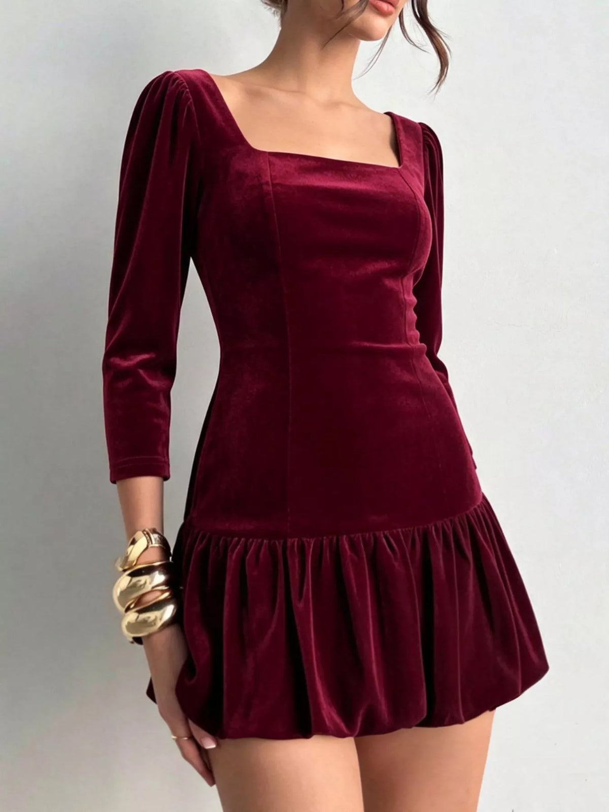Velvet Square-Neck Mini Dress in Burgundy