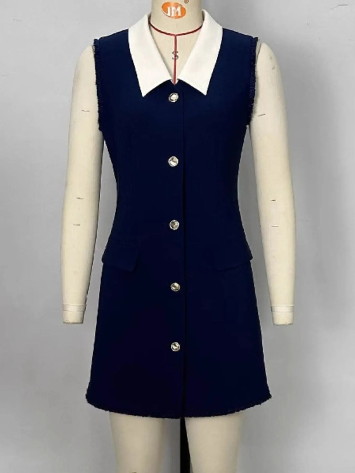 Contrast Collar Button-Front Mini Dress in Dark Blue
