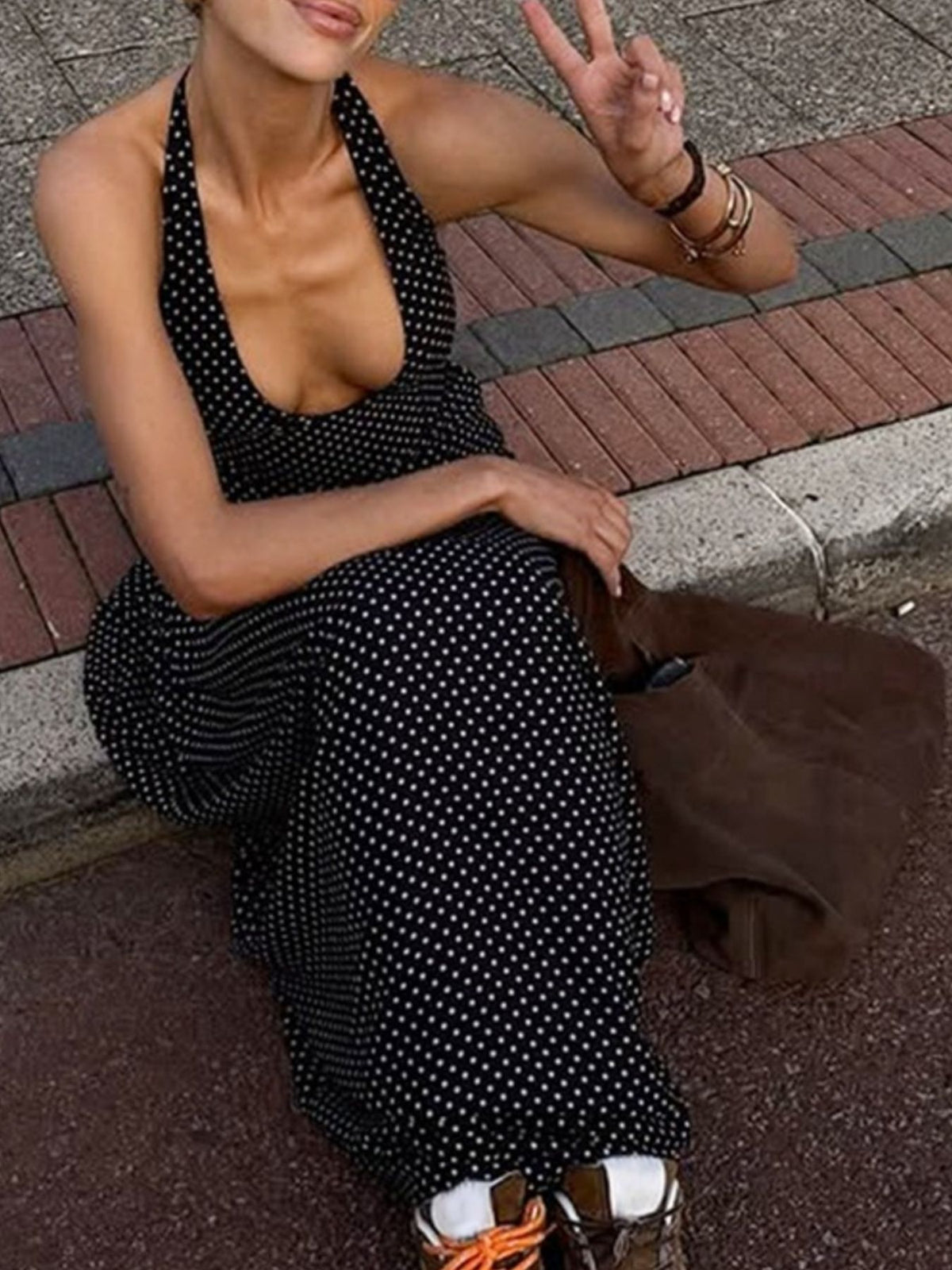 Polka Dot Halter Neck Maxi Dress in Black