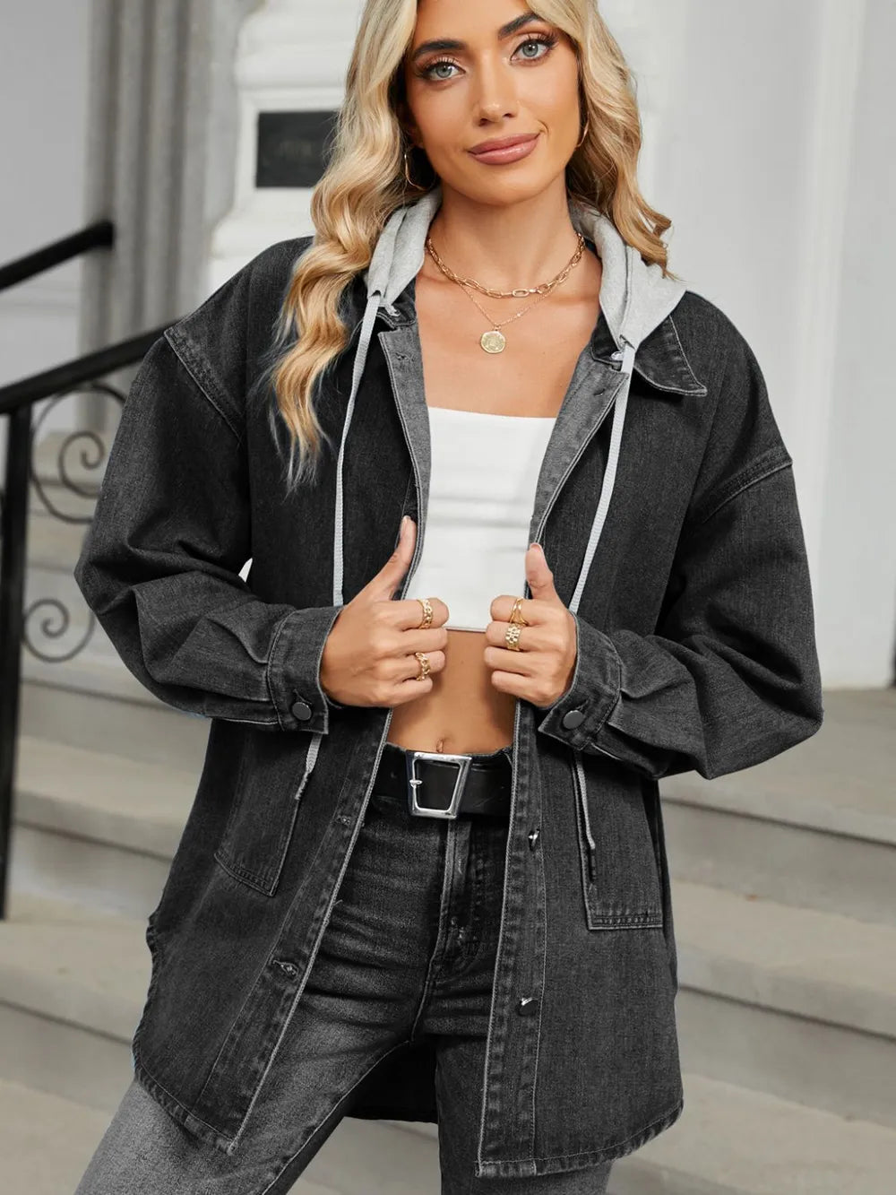 Removable Hood Button-Up Denim Jacket by Manny