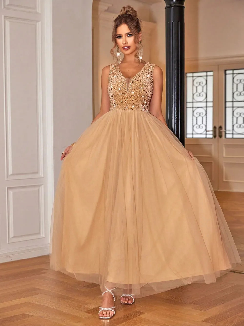 Sequin V-Neck Dress in Tan by Jubilair
