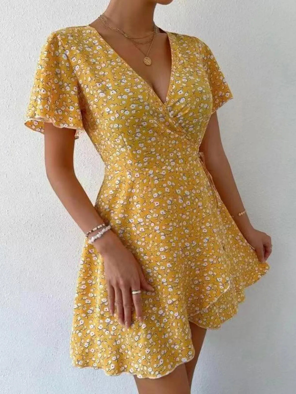 Floral Flutter Sleeve Wrap Mini Dress by Elaine